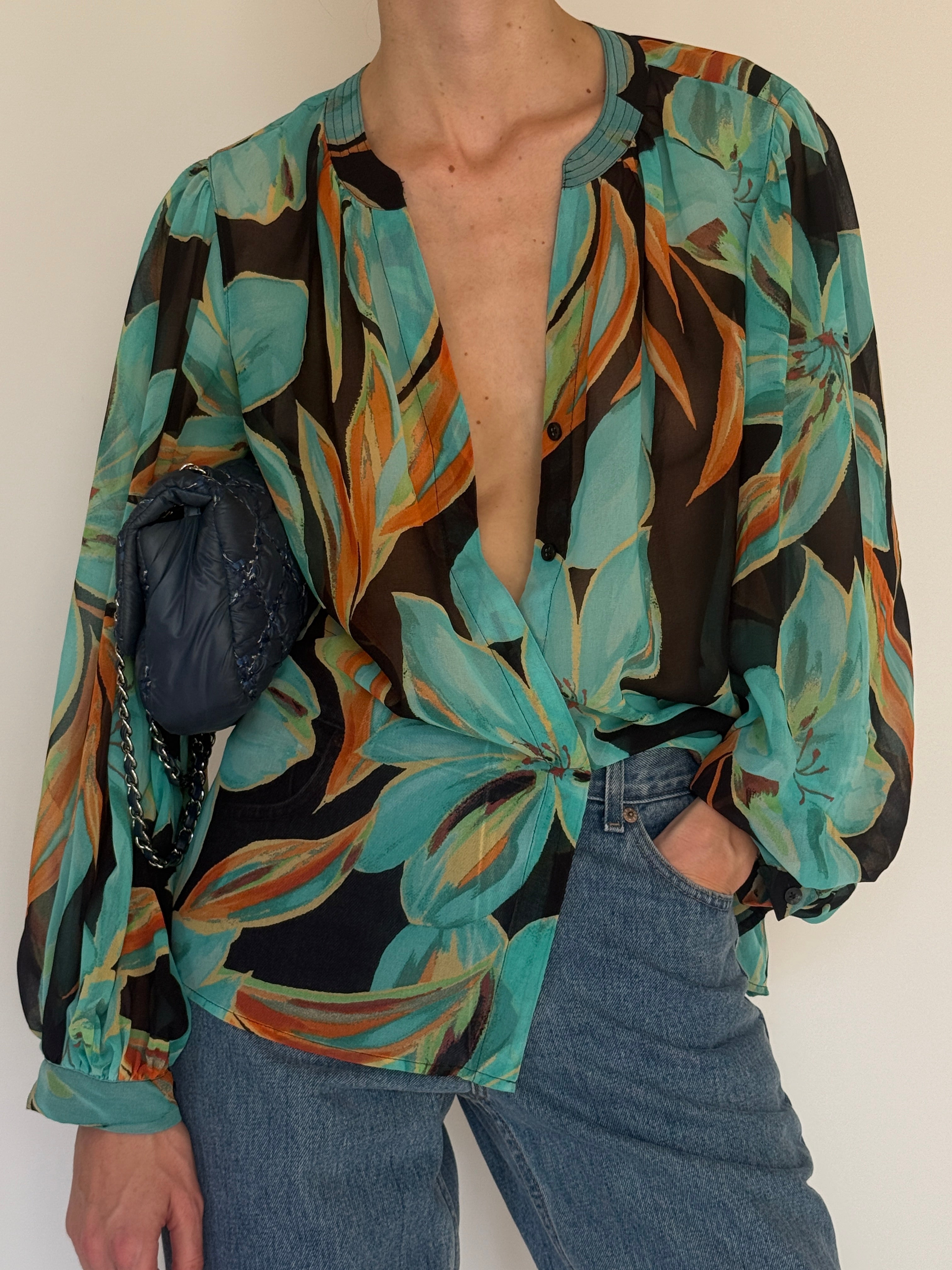 Vintage turquoise floral sheer blouse front view