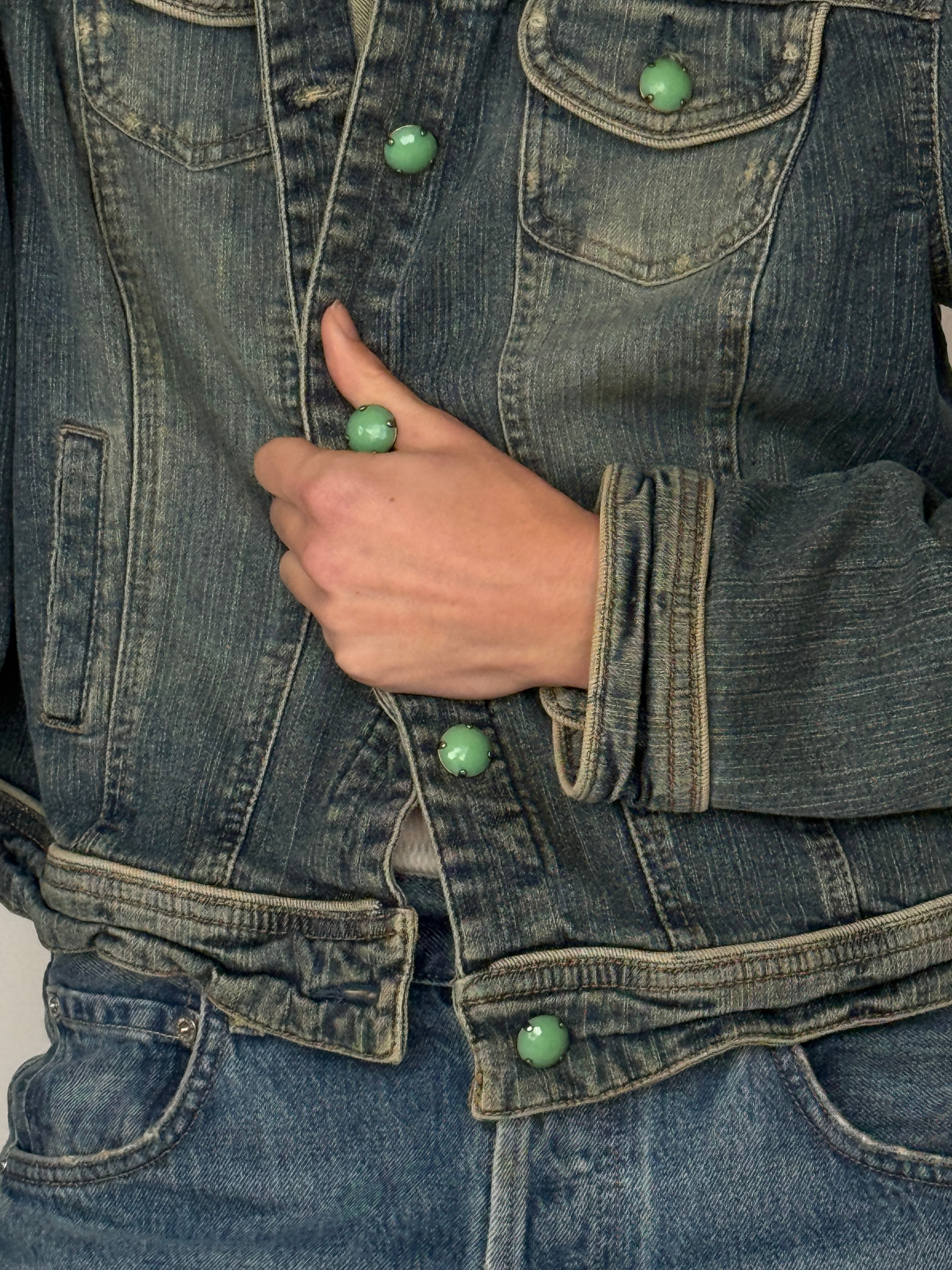 Vintage blue stretch denim jacket front view