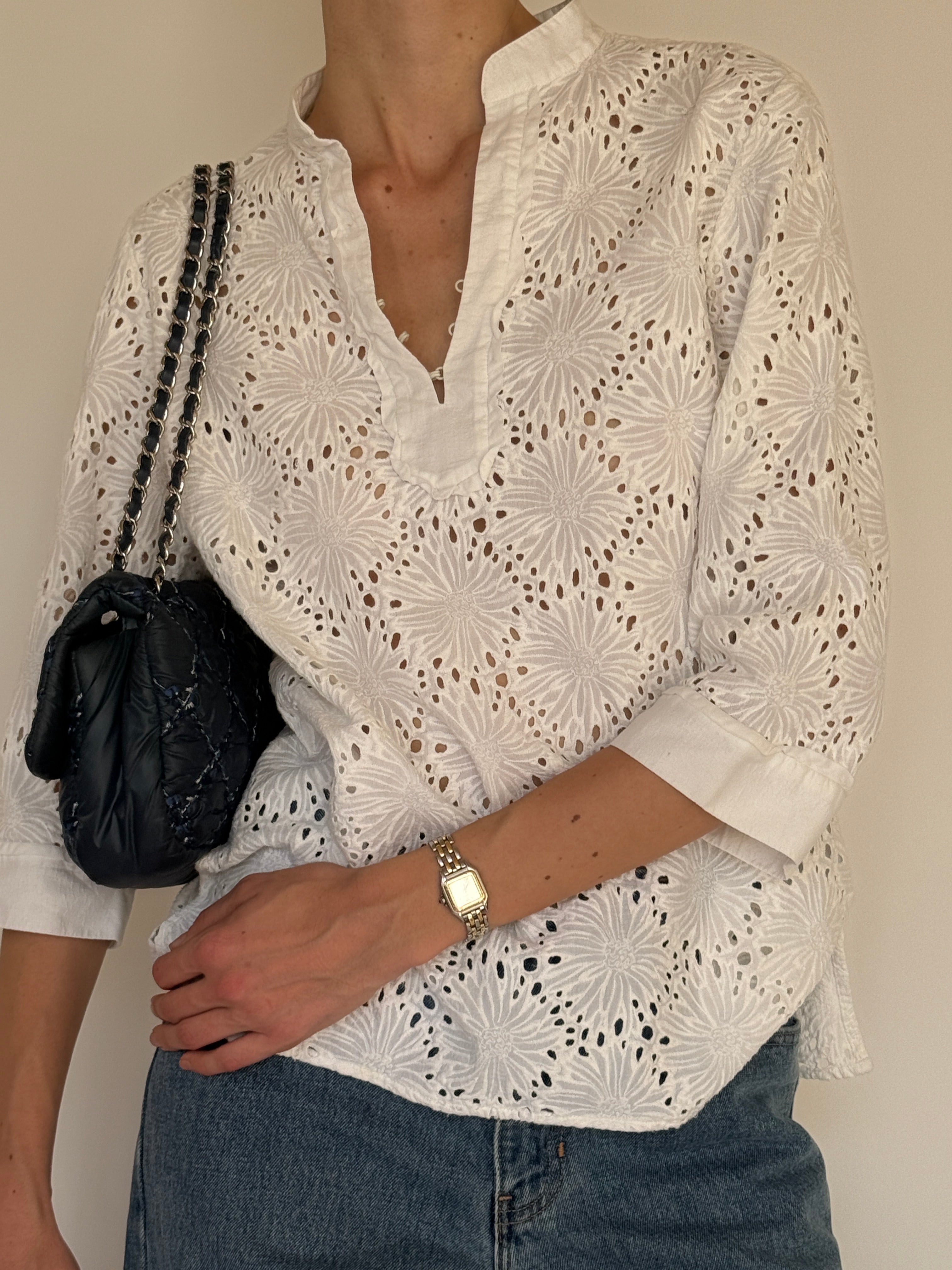 Vintage white floral eyelet cotton blouse front view