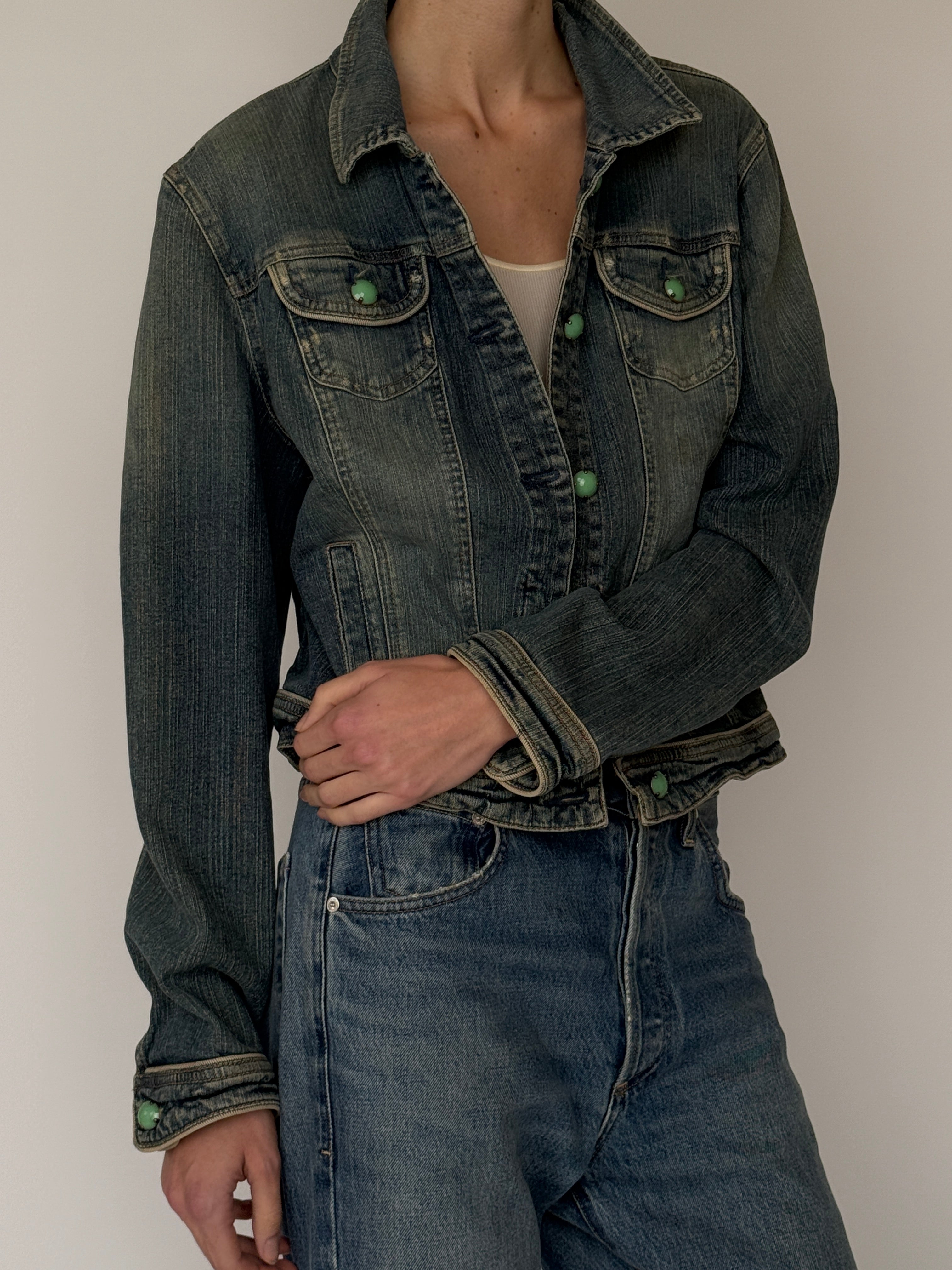 Vintage blue stretch denim jacket front view