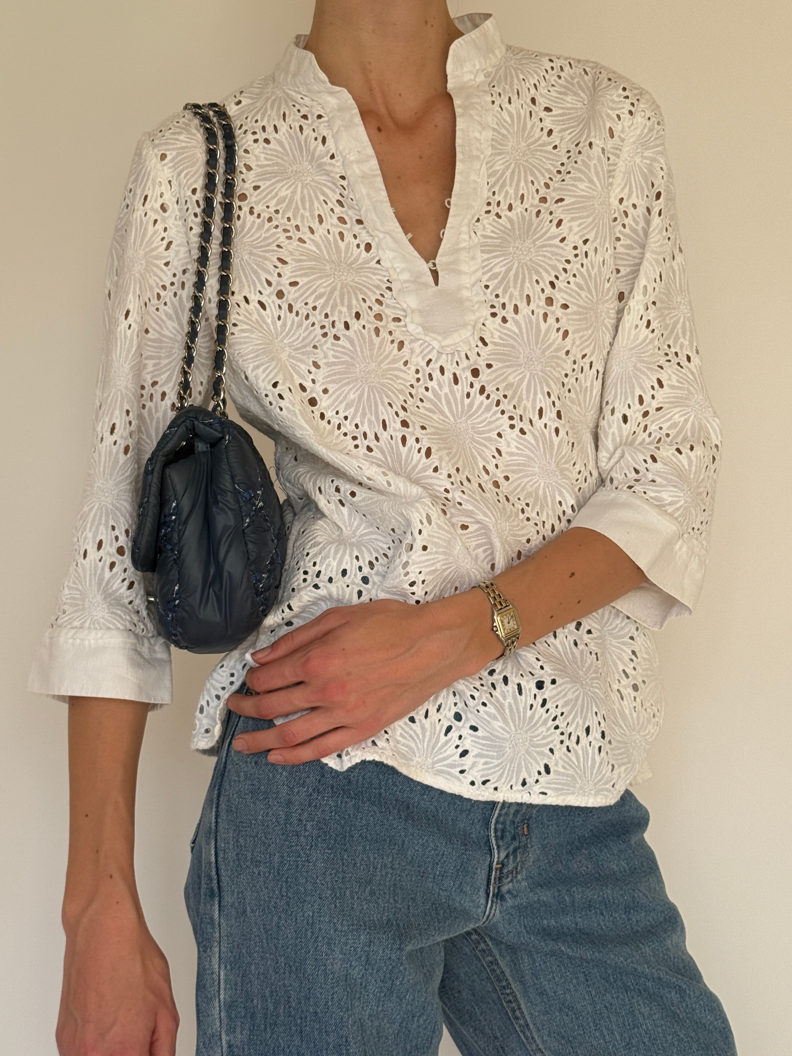 Vintage white floral eyelet cotton blouse front view
