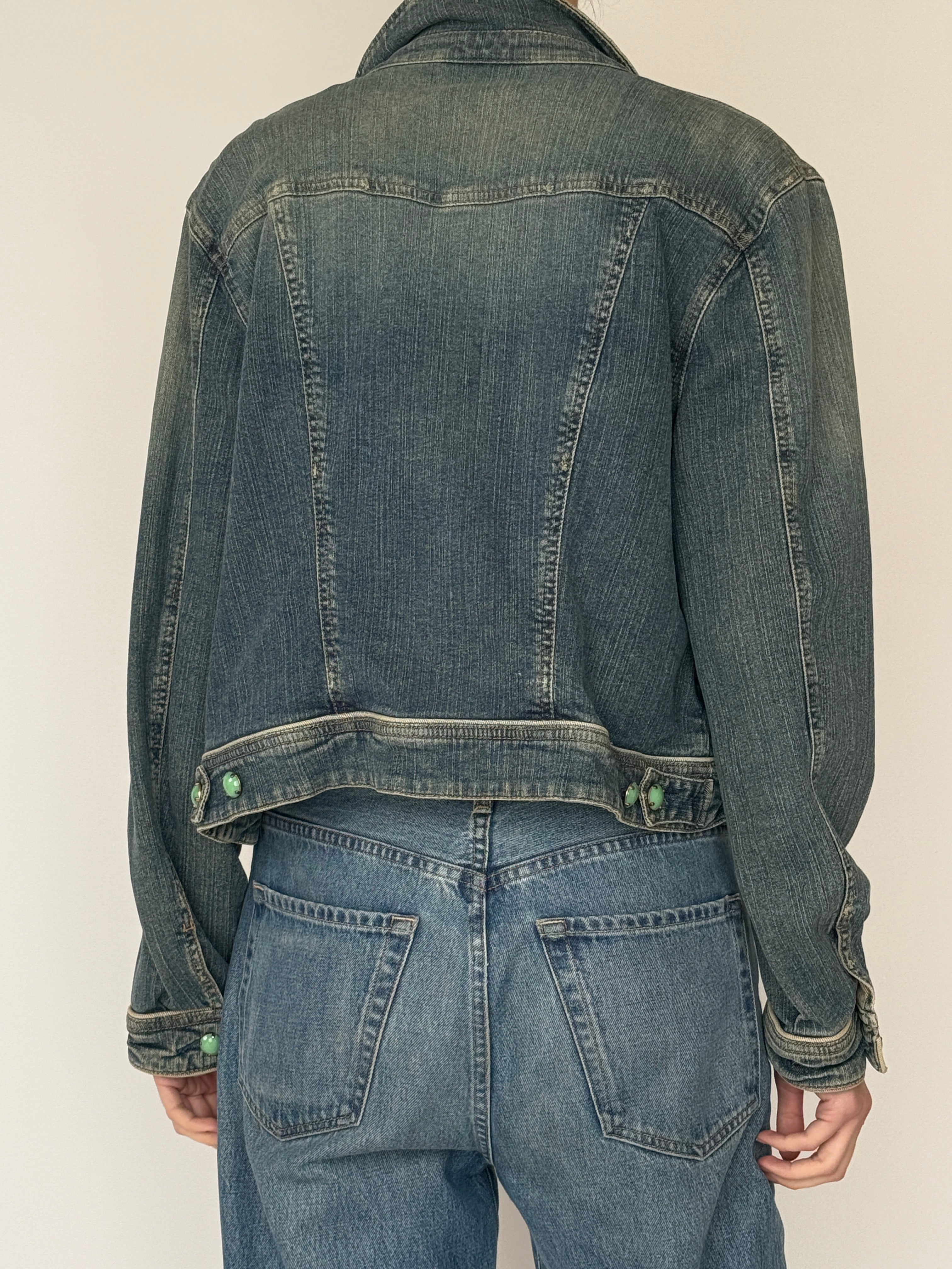 Vintage blue stretch denim jacket back view