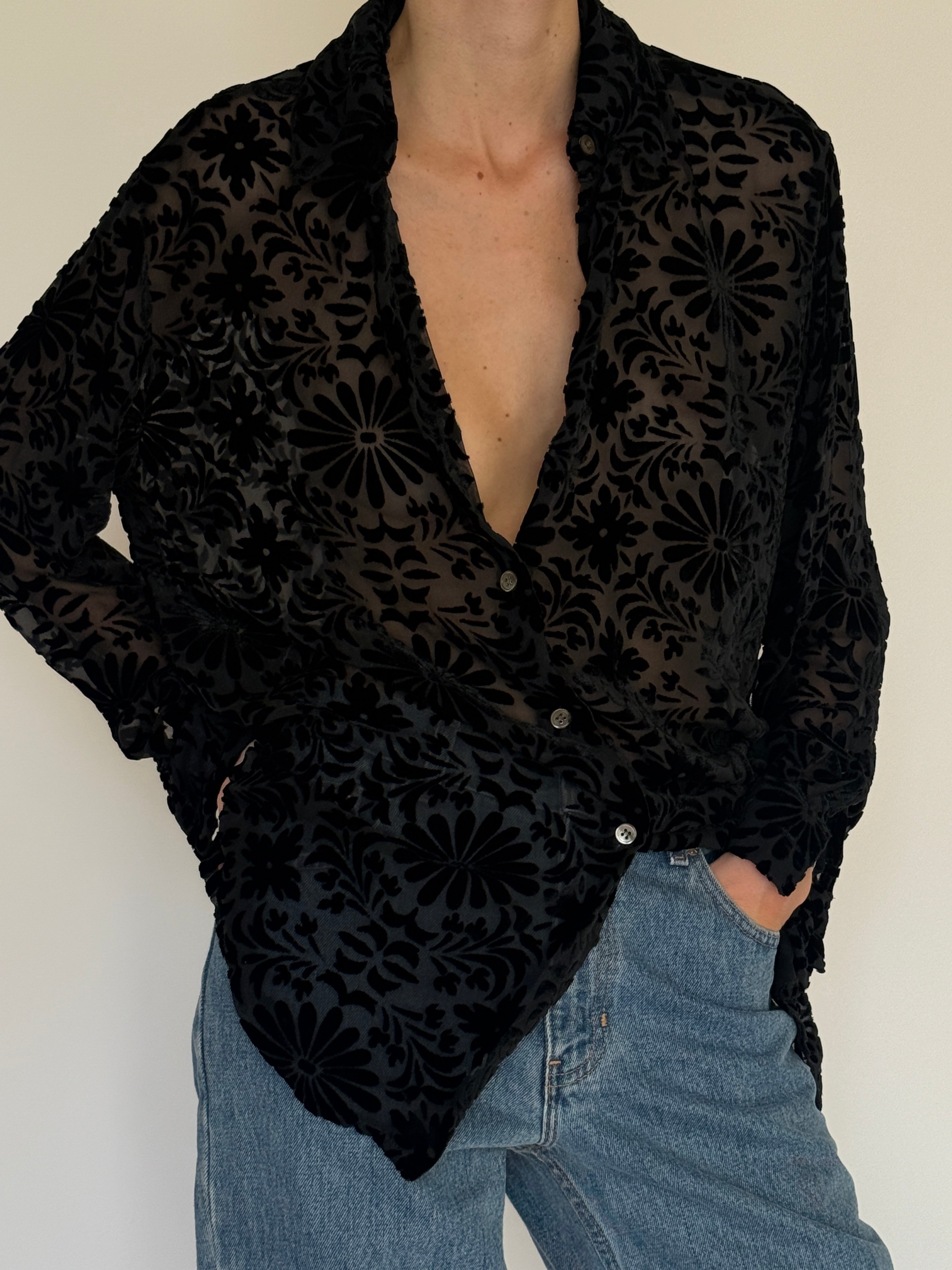 Vintage black sheer burnout floral shirt fabric close-up
