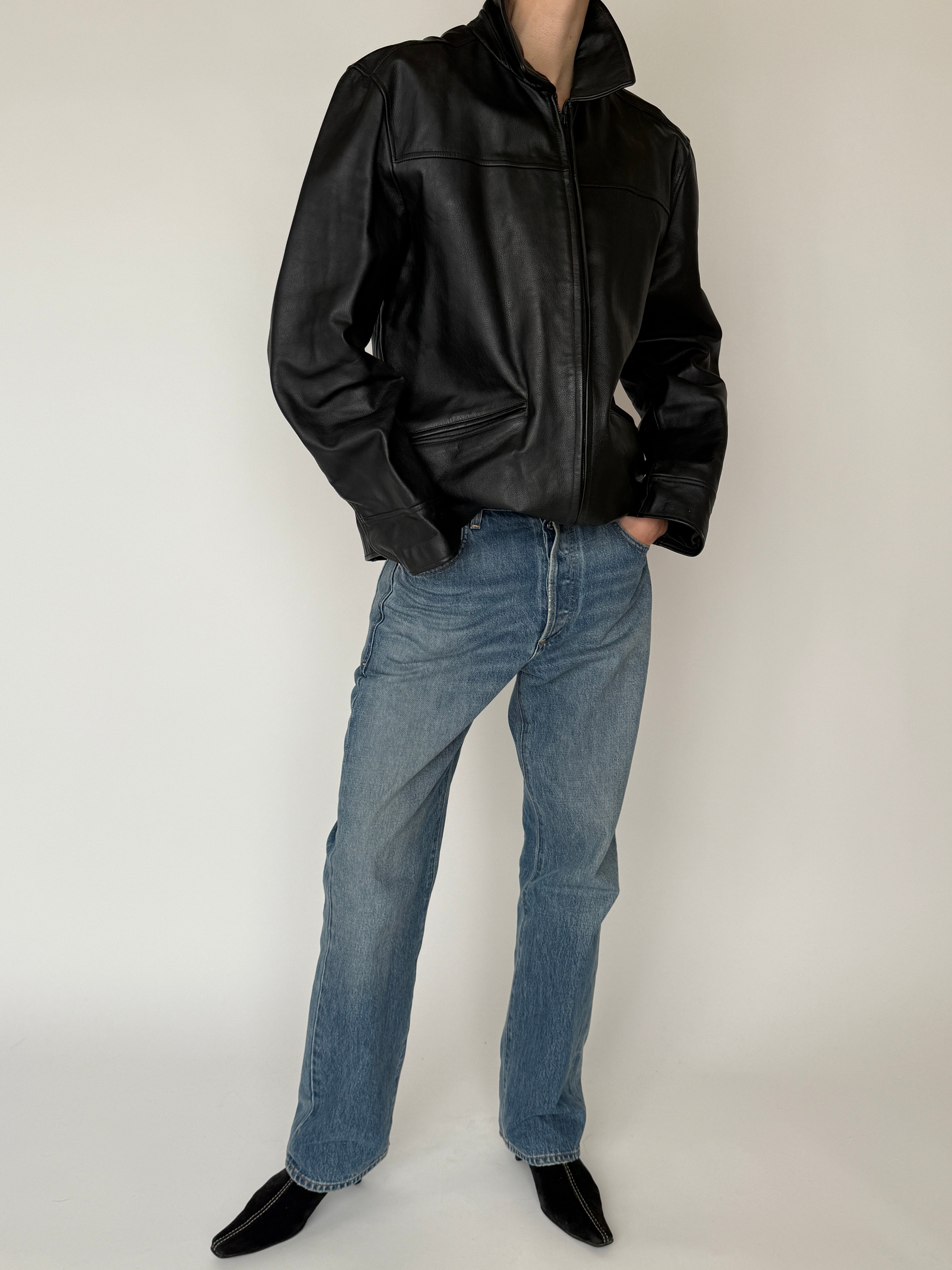 Vintage structured leather jacket black collar detail
