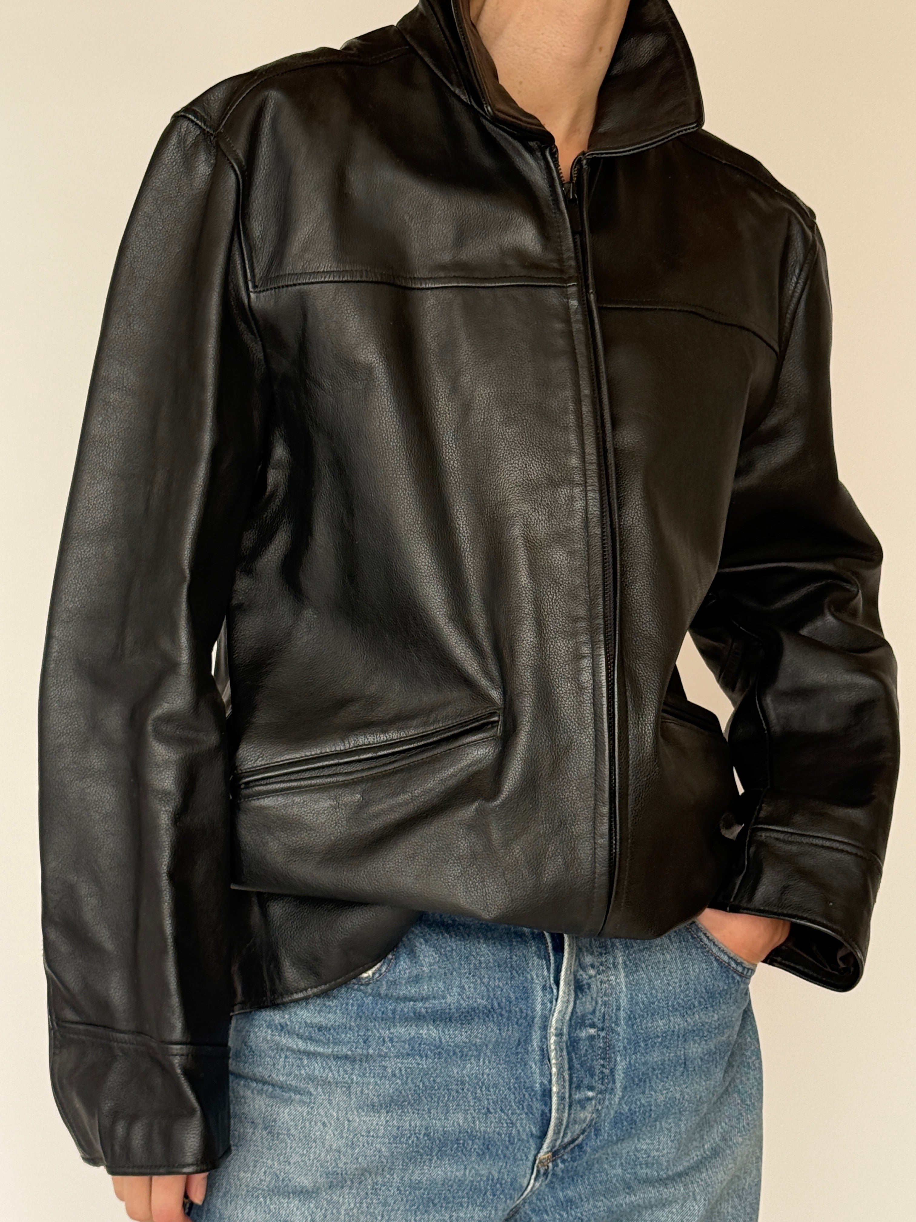 Vintage black leather structured zip jacket front view