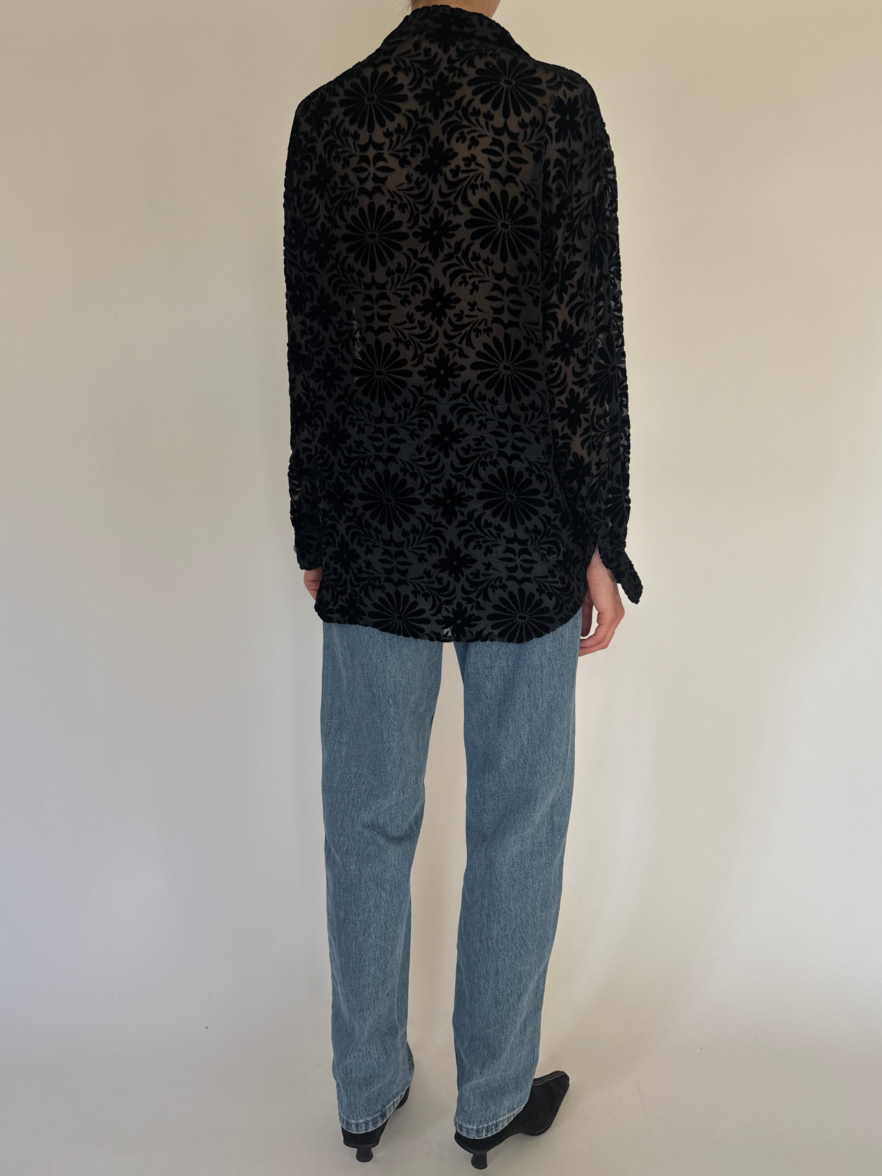 Vintage black sheer burnout floral shirt back view