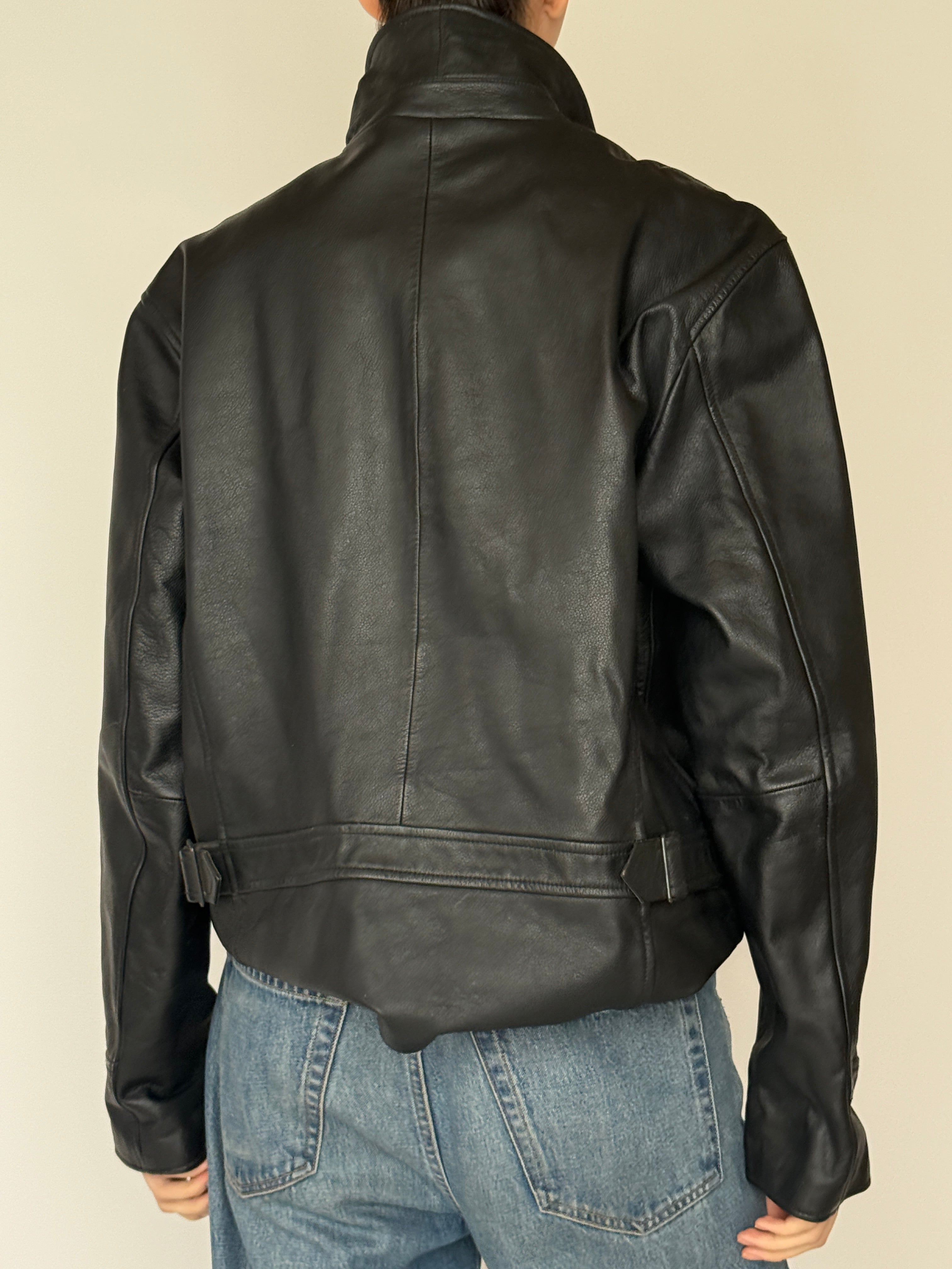 Vintage black leather jacket back view