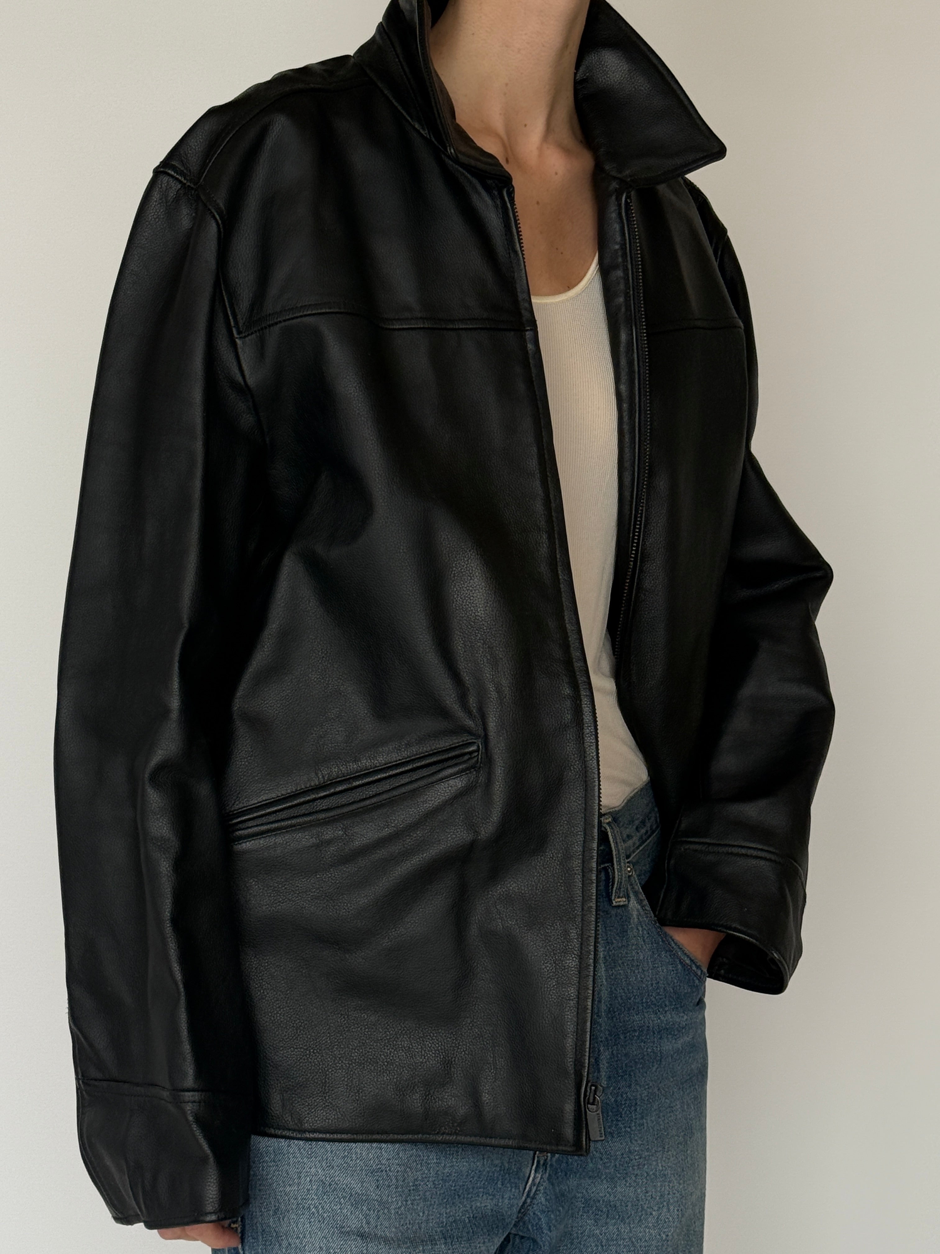 Vintage leather zip jacket black structured silhouette