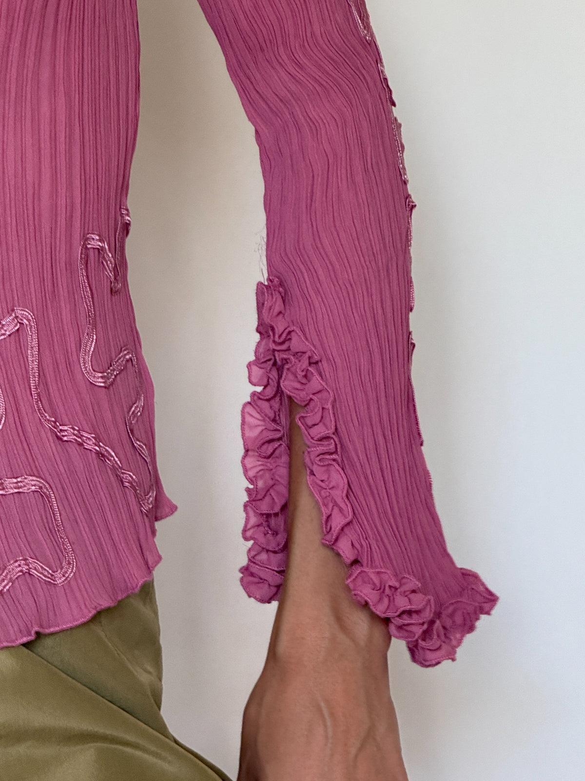 Vintage pink pleated embroidered shirt side view