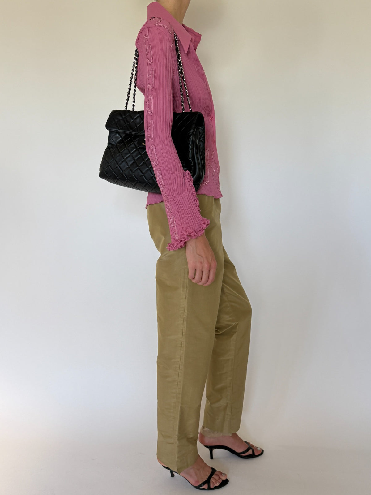 Vintage pink pleated embroidered shirt styled front view