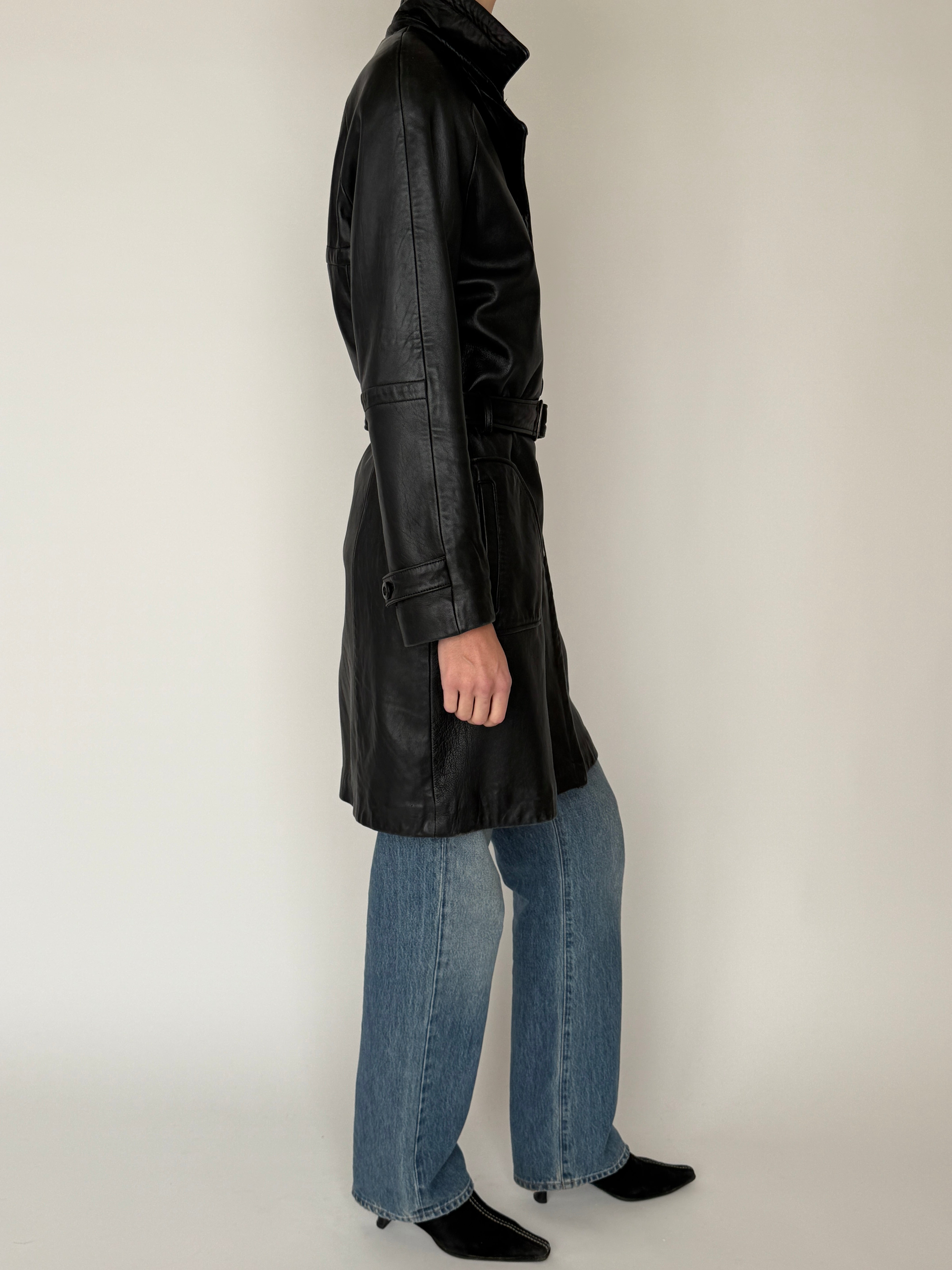 vintage leather trench side view black