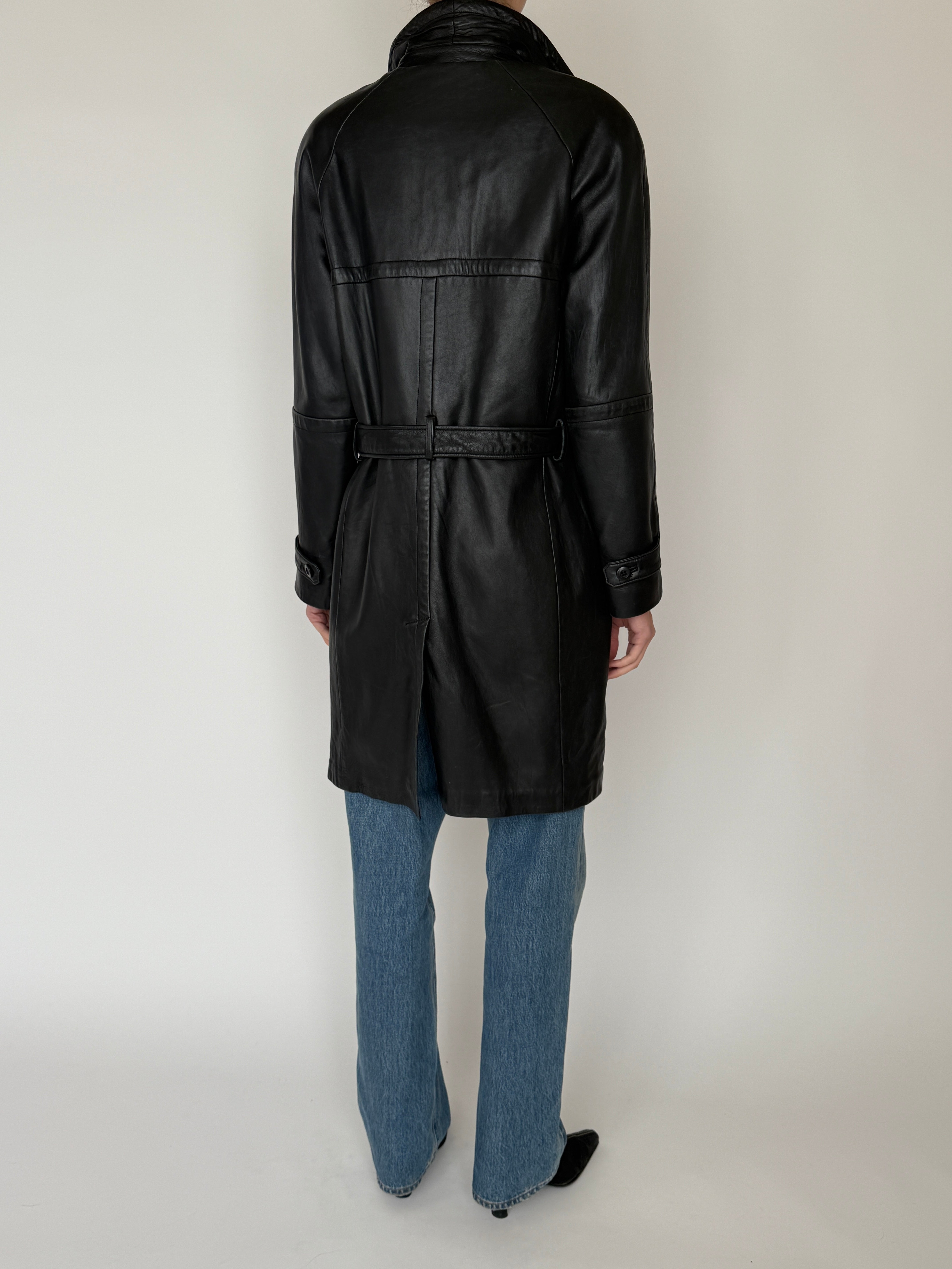 vintage leather trench back view