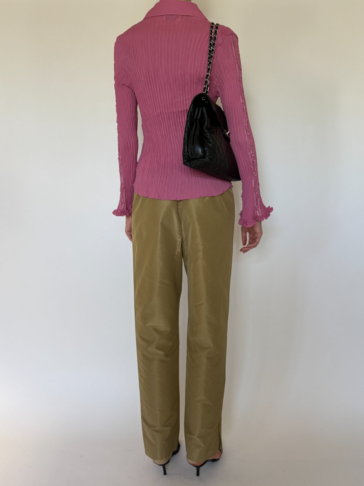 Vintage pink pleated embroidered shirt back view