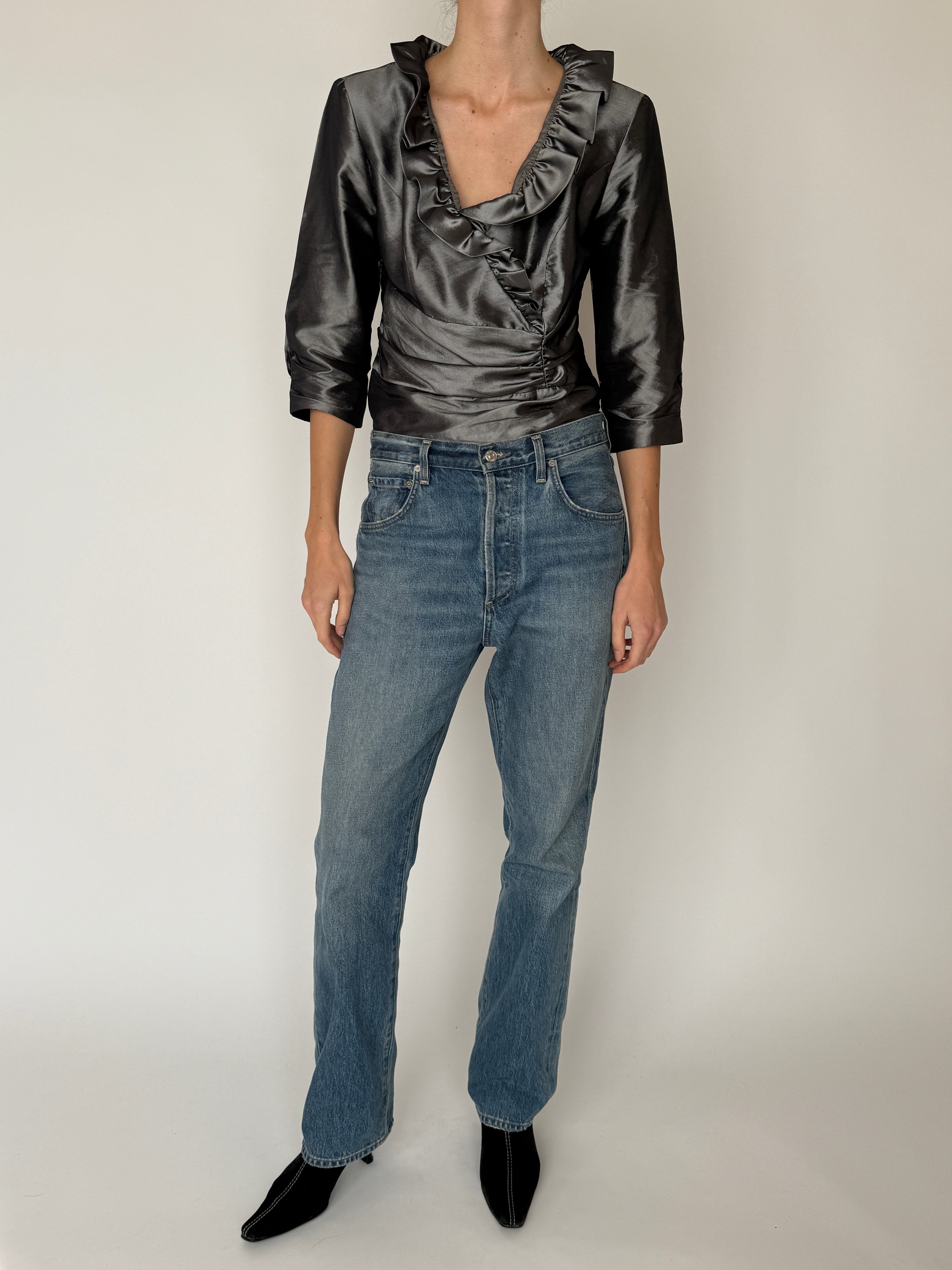 Vintage ruffle collar wrap blouse charcoal