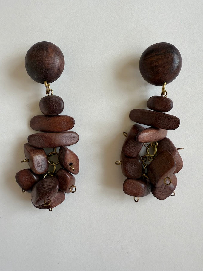 Vintage Handcrafted Earrings Featuring Rich, Dark Wood Beads