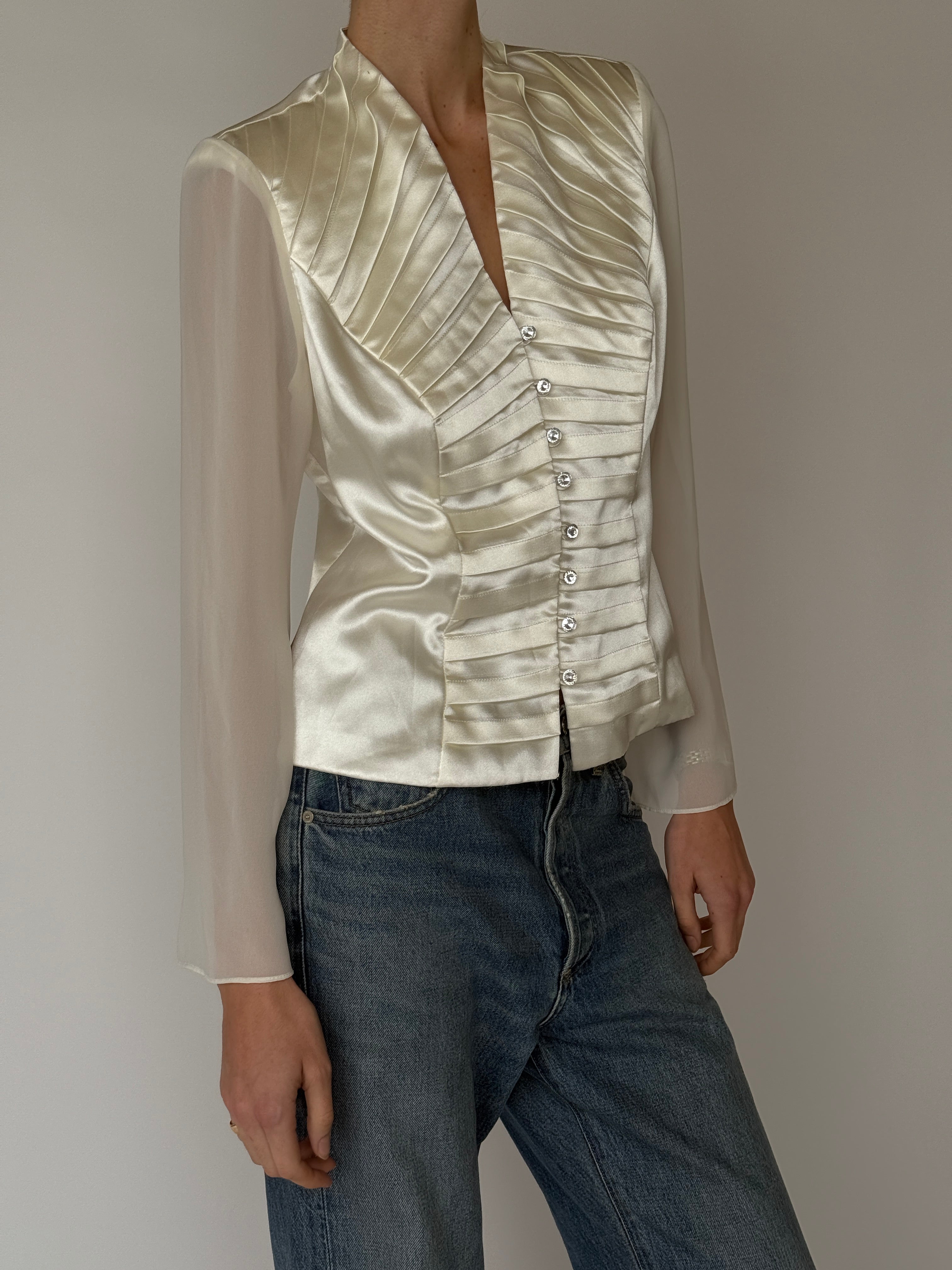 Vintage ivory satin pleated blouse front view