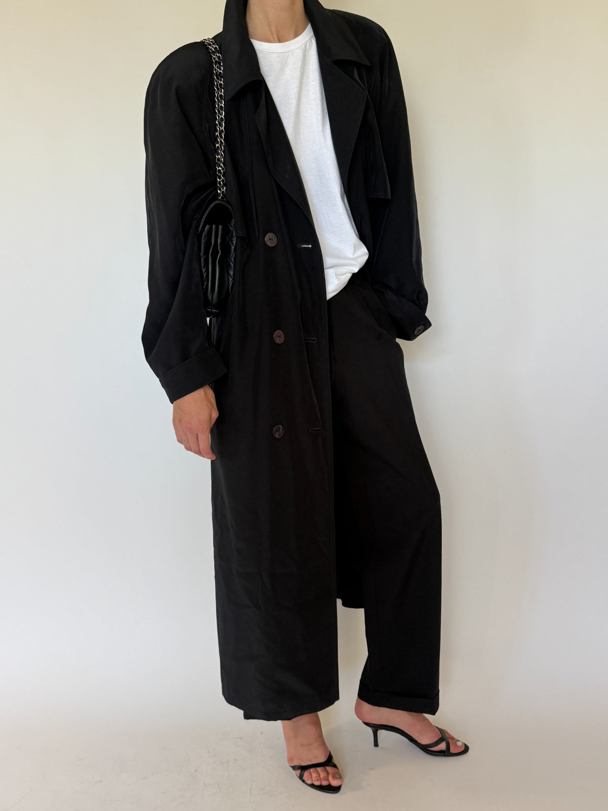 Vintage black trench coat front angle
