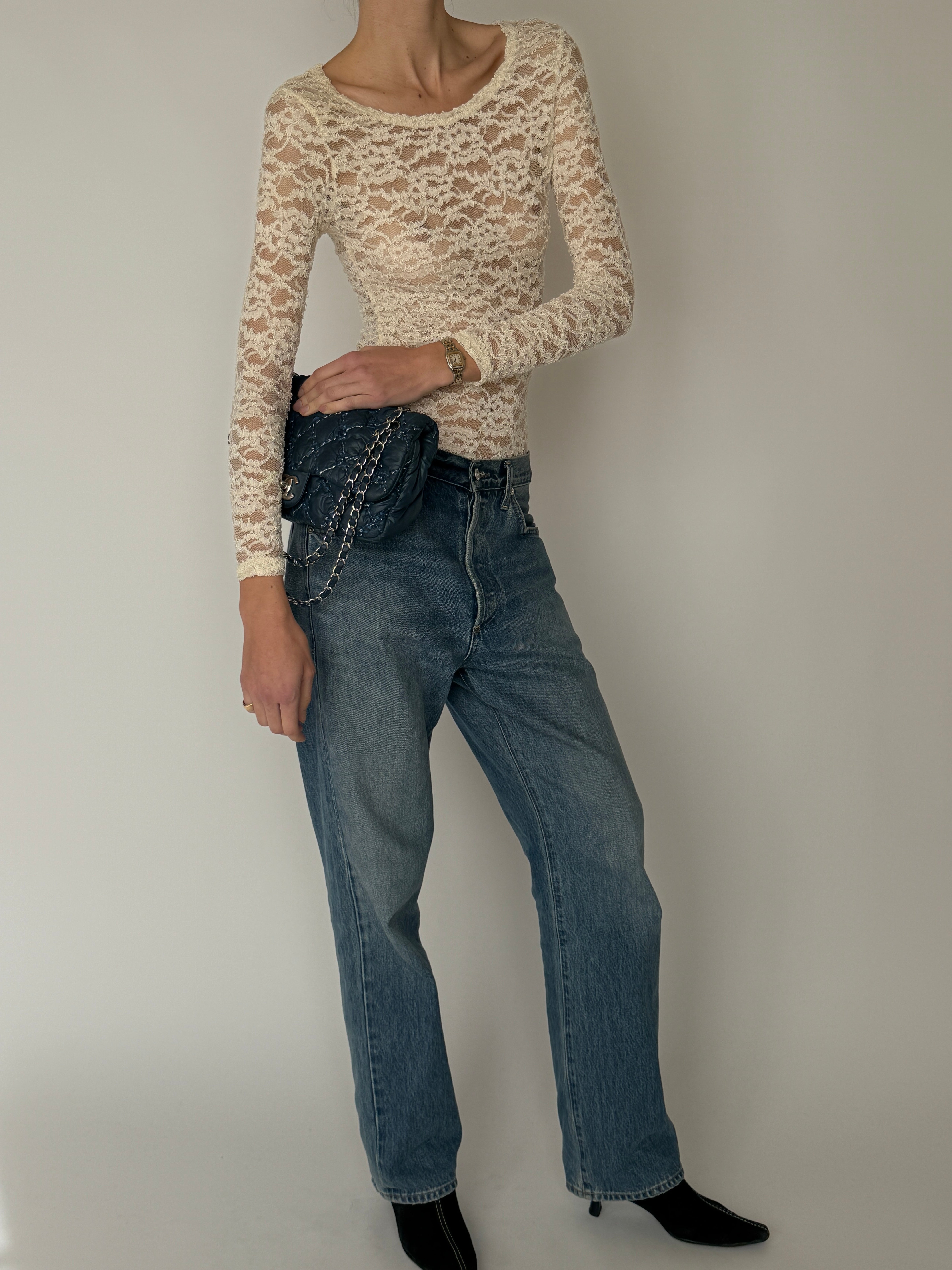 Vintage ivory lace long sleeve top front view