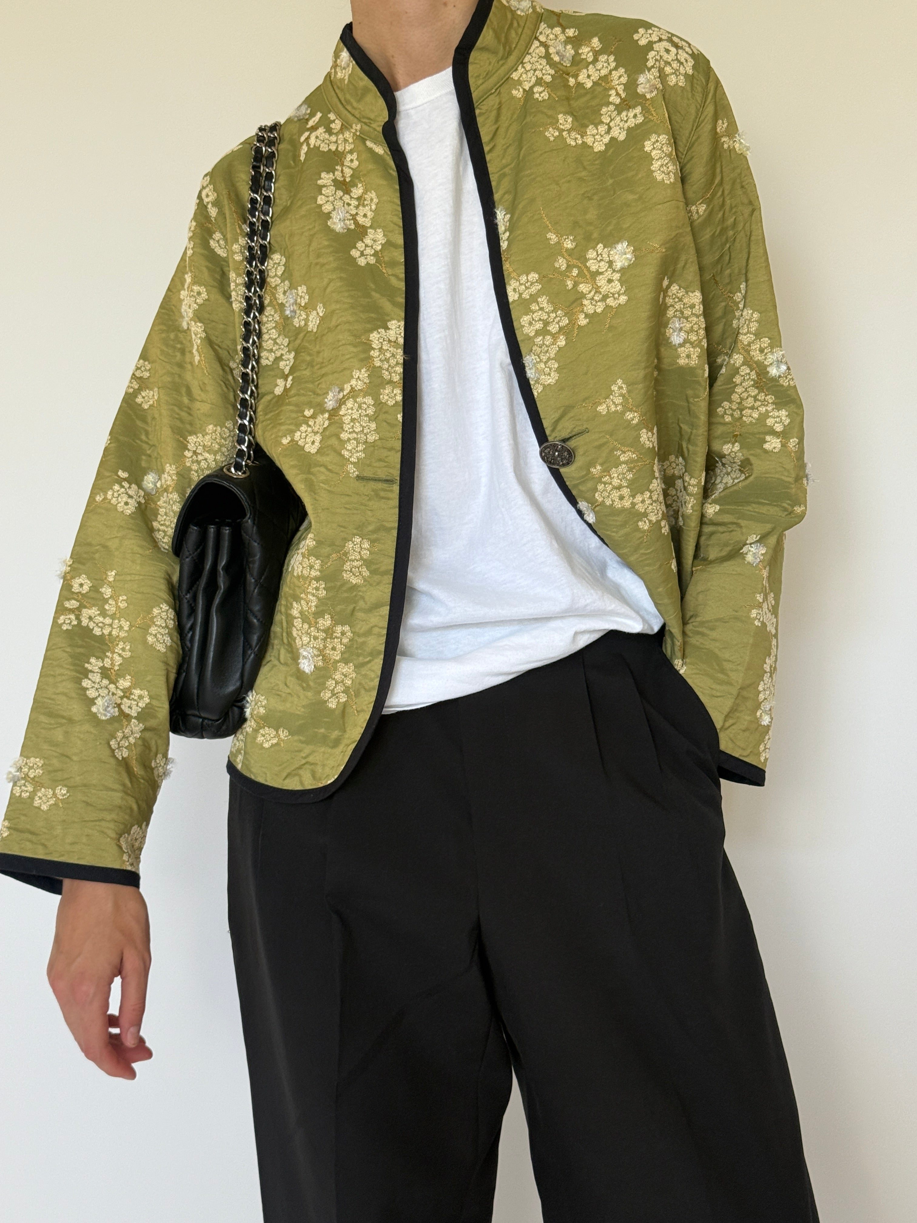 Vintage green floral brocade jacket front view