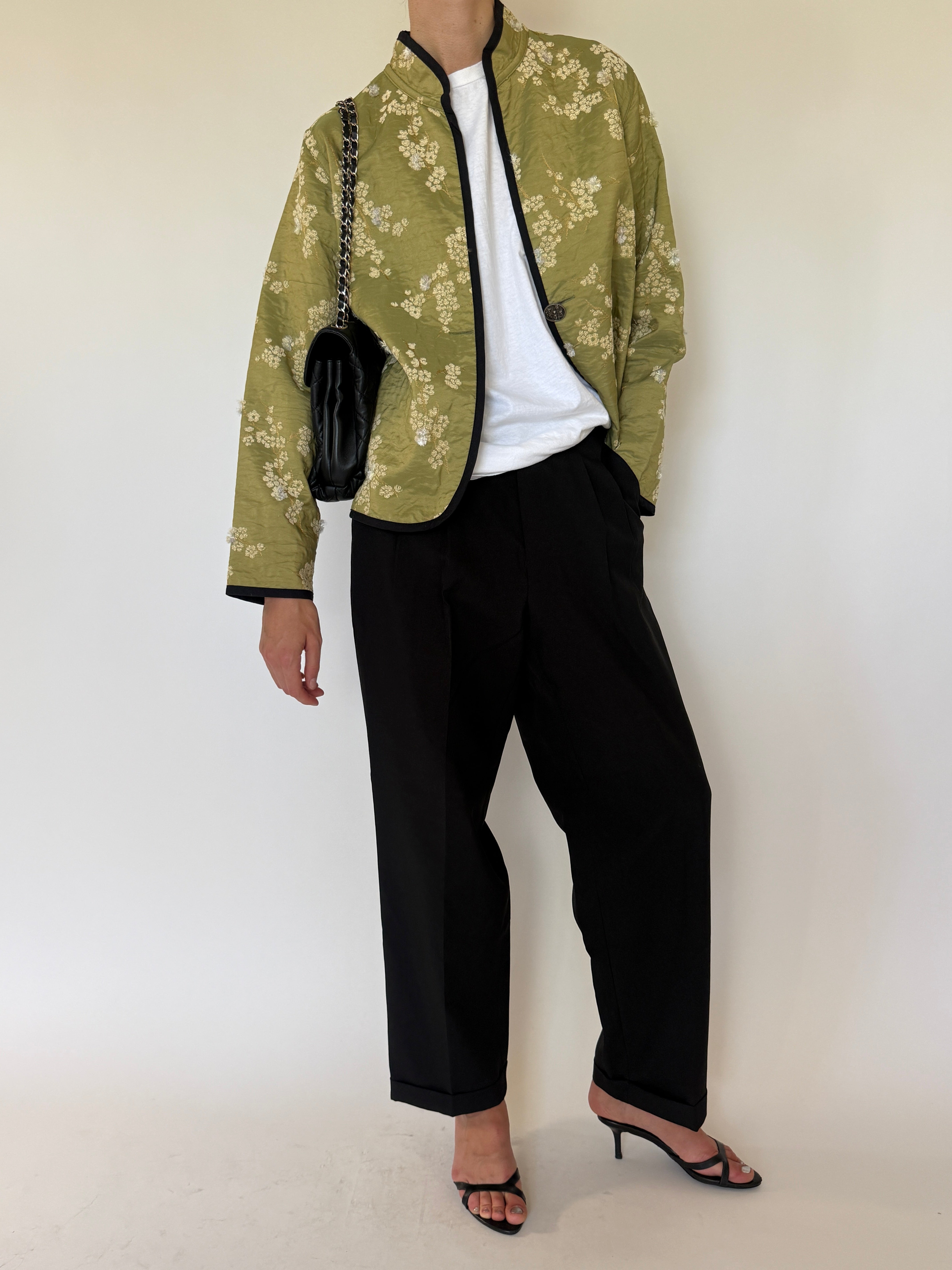 Vintage green floral brocade jacket full-length angle view
