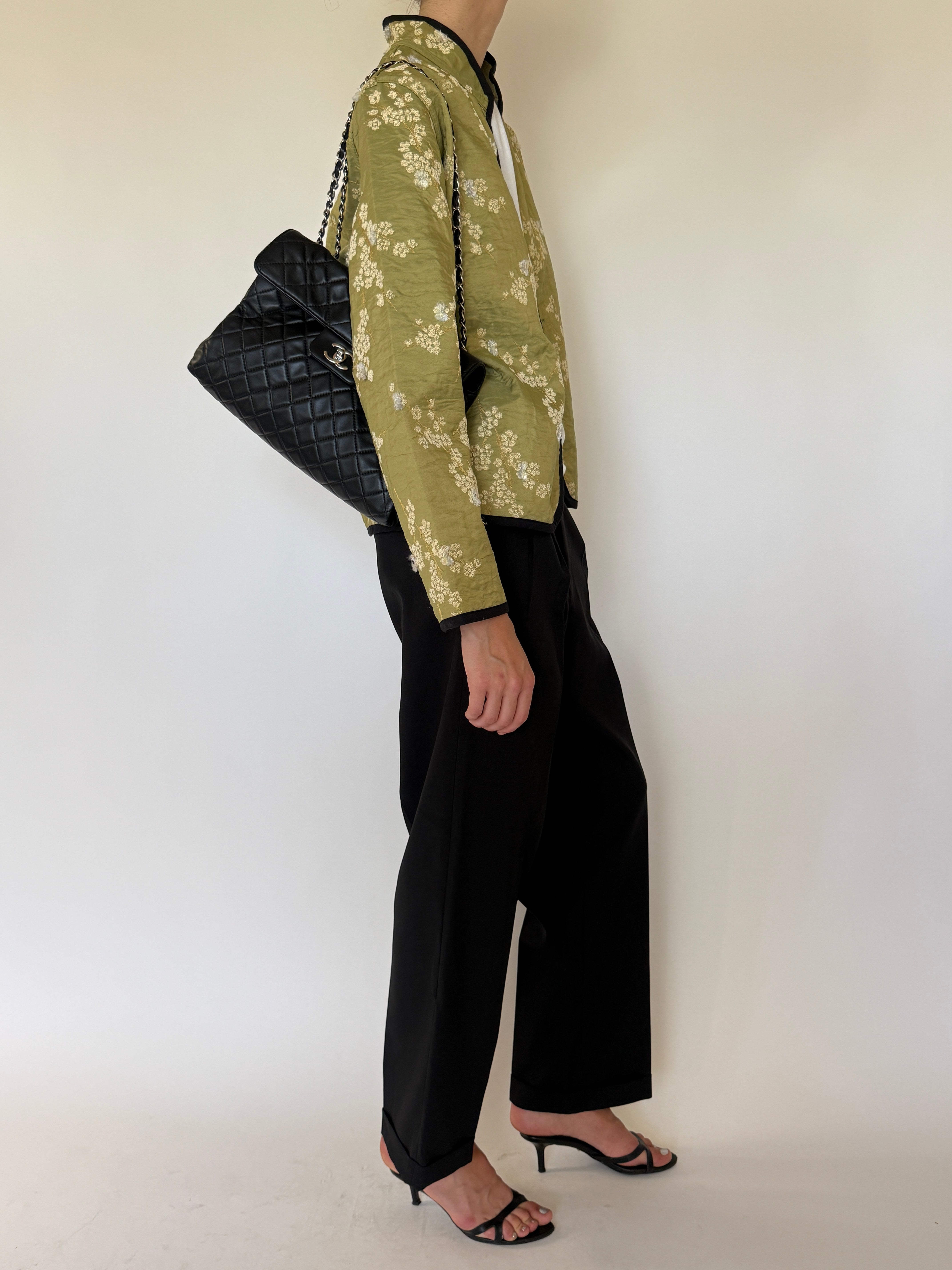 Vintage green floral brocade jacket side view