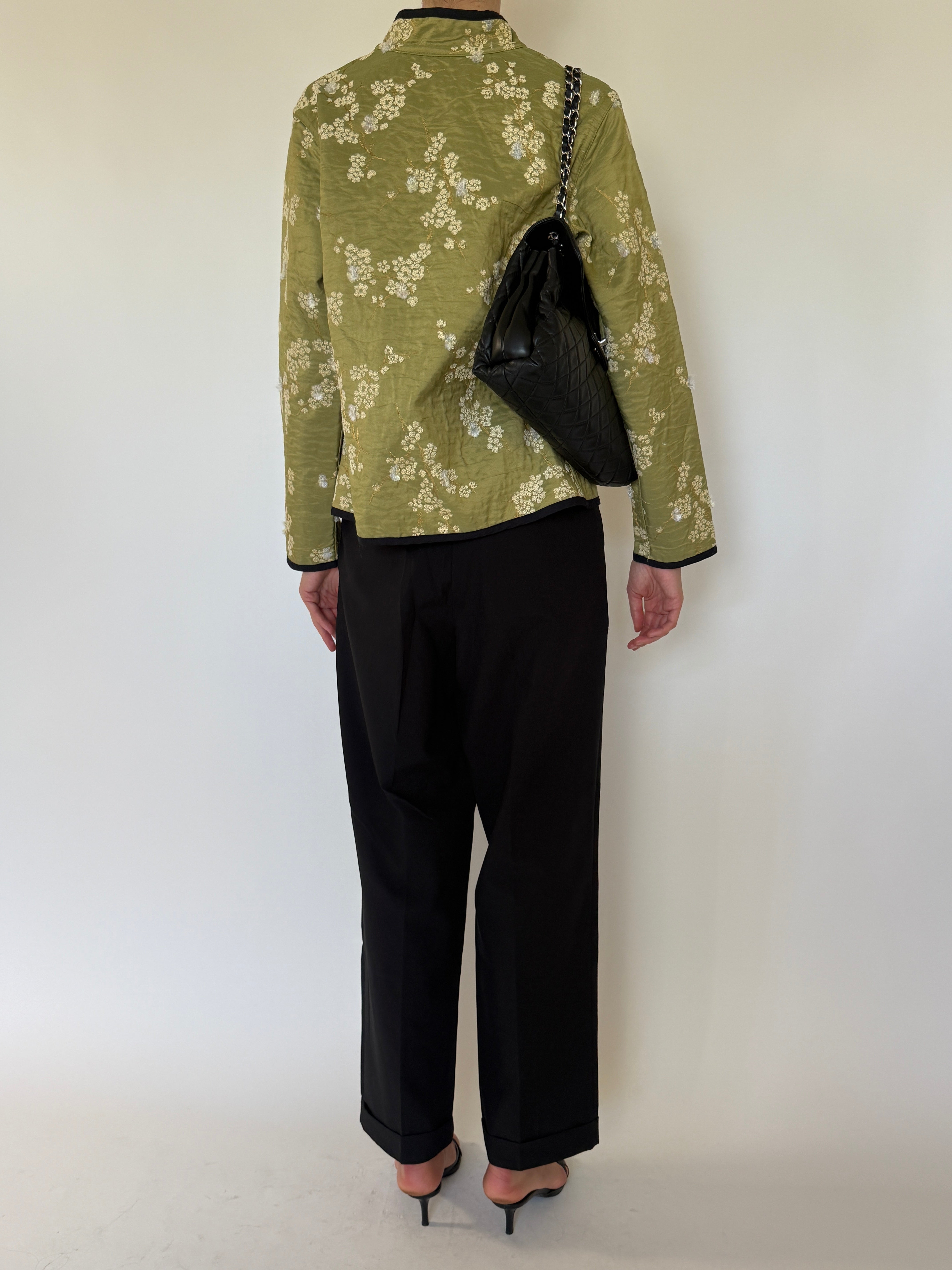 Vintage green floral brocade jacket back view