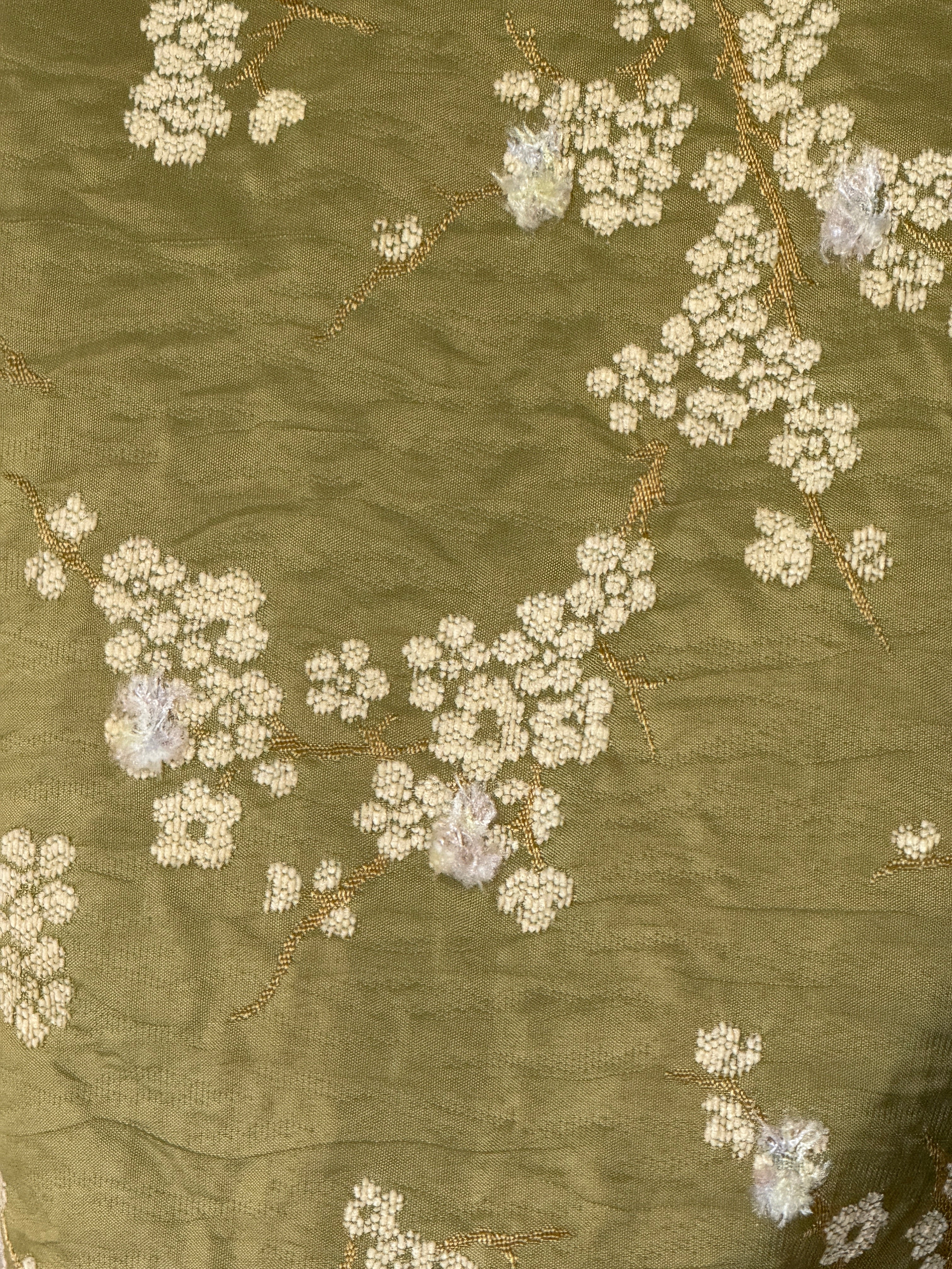Vintage green floral brocade jacket fabric close-up