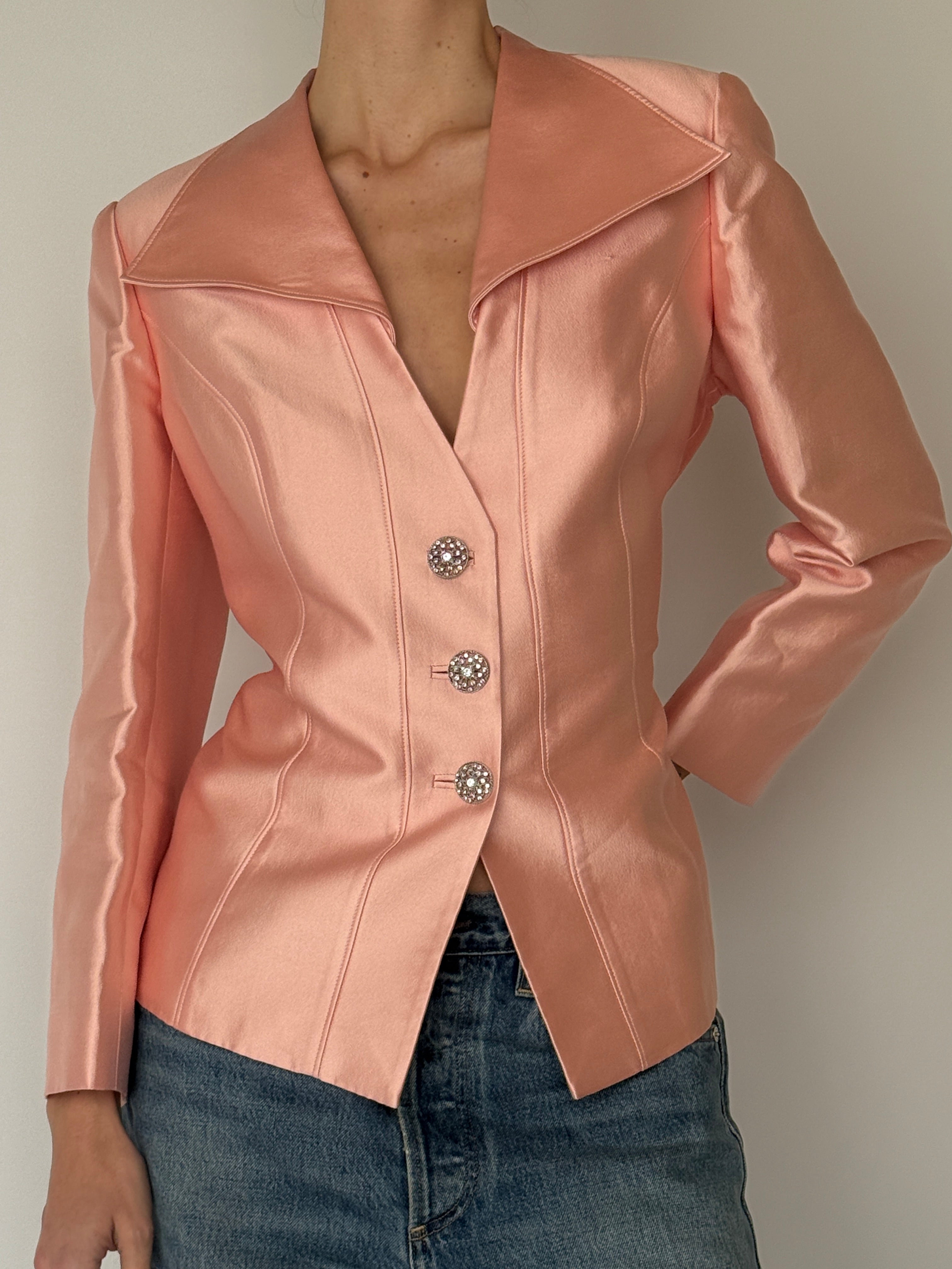 Vintage satin blazer peach pink front view