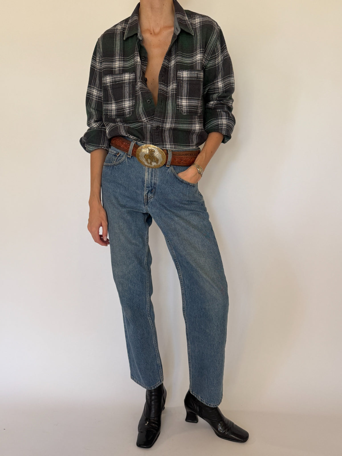 Vintage forest green plaid flannel shirt