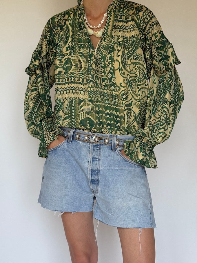 Vintage Bohemian Paisley Ruffle Blouse green 6321
