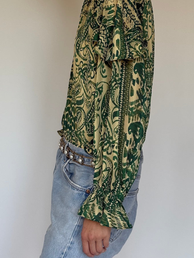 Vintage Bohemian Paisley Ruffle Blouse green 6321