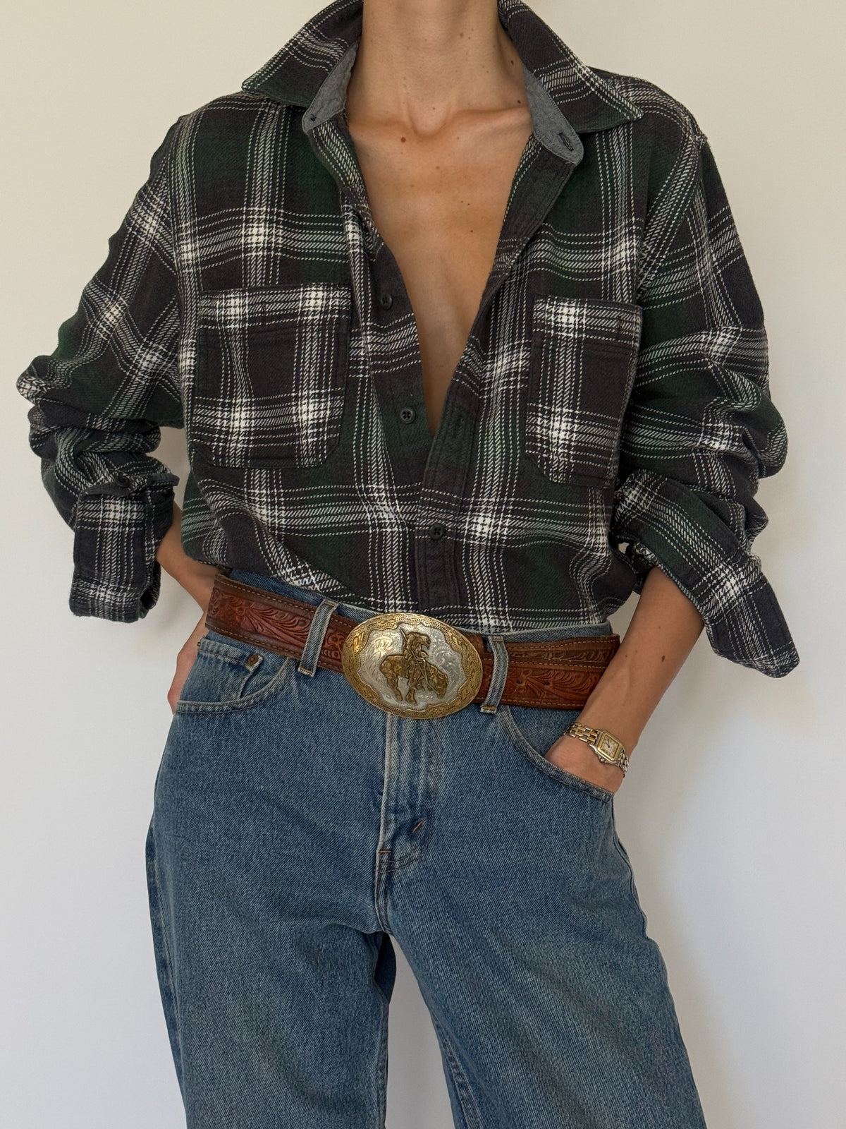 Vintage forest green plaid flannel shirt