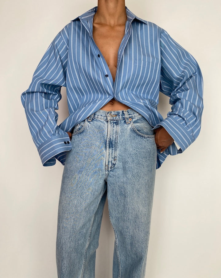 VINTAGE BLUE STRIPED BUTTON DOWN LONG SLEEVE SHIRT 2958