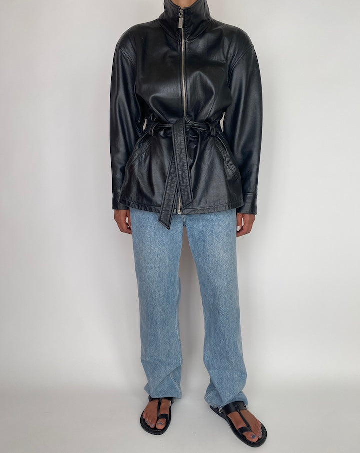 VINTAGE BLACK SHORT TRENCH LEATHER JACKET 2962