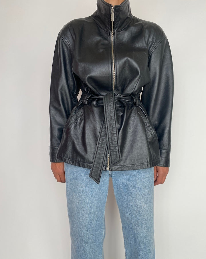 VINTAGE BLACK SHORT TRENCH LEATHER JACKET 2962