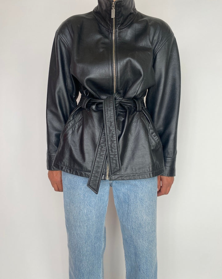 VINTAGE BLACK SHORT TRENCH LEATHER JACKET 2962