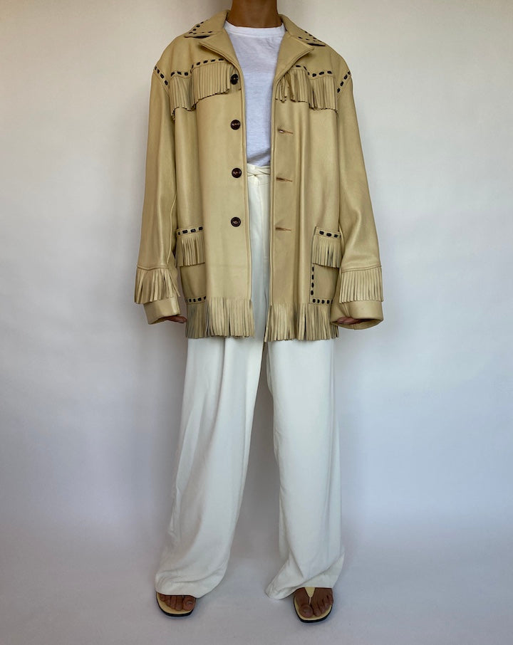 VINTAGE LIGHT BEIGE FRINGE LEATHER JACKET 126