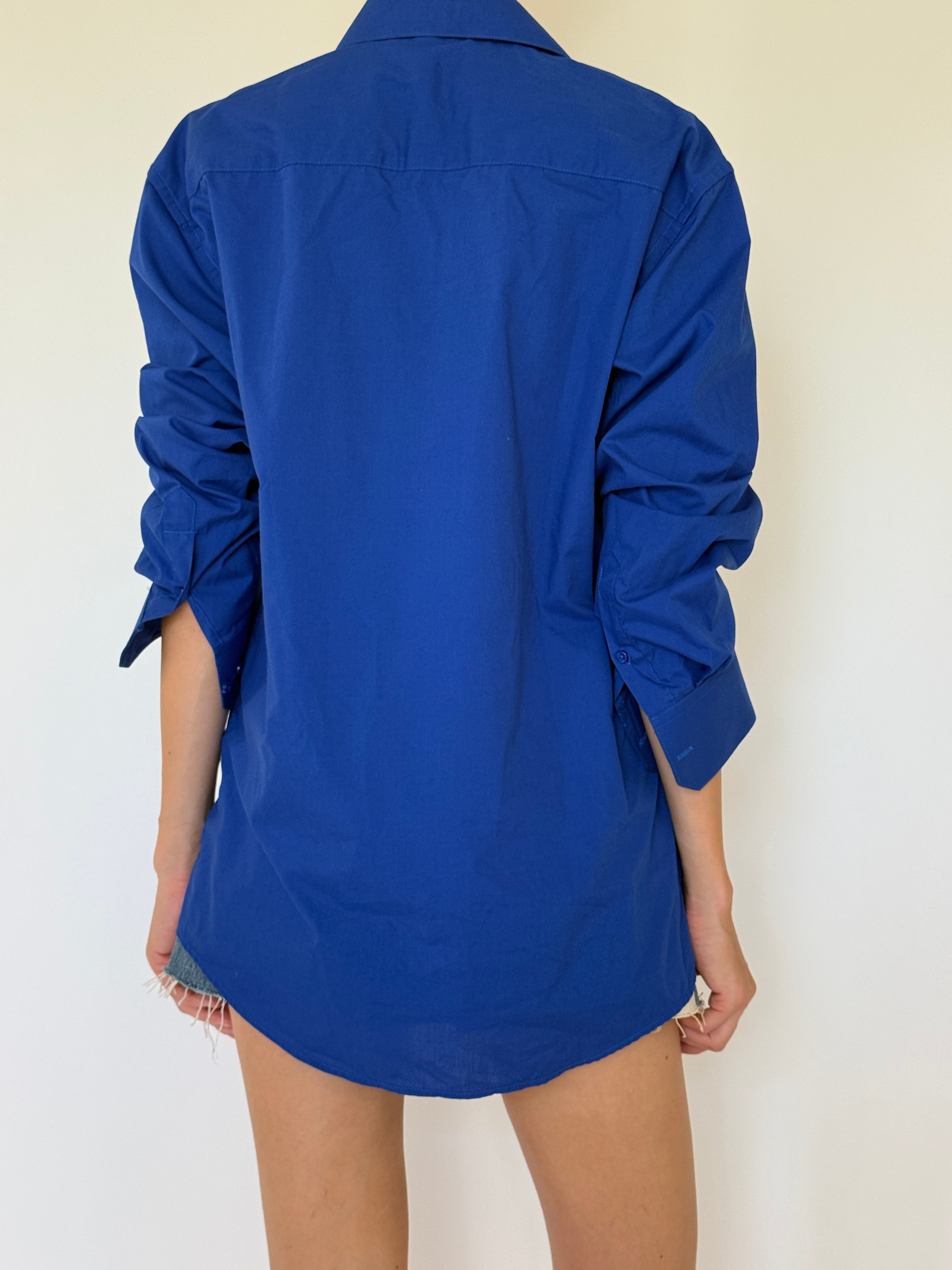 Vintage cobalt blue button-up shirt back view