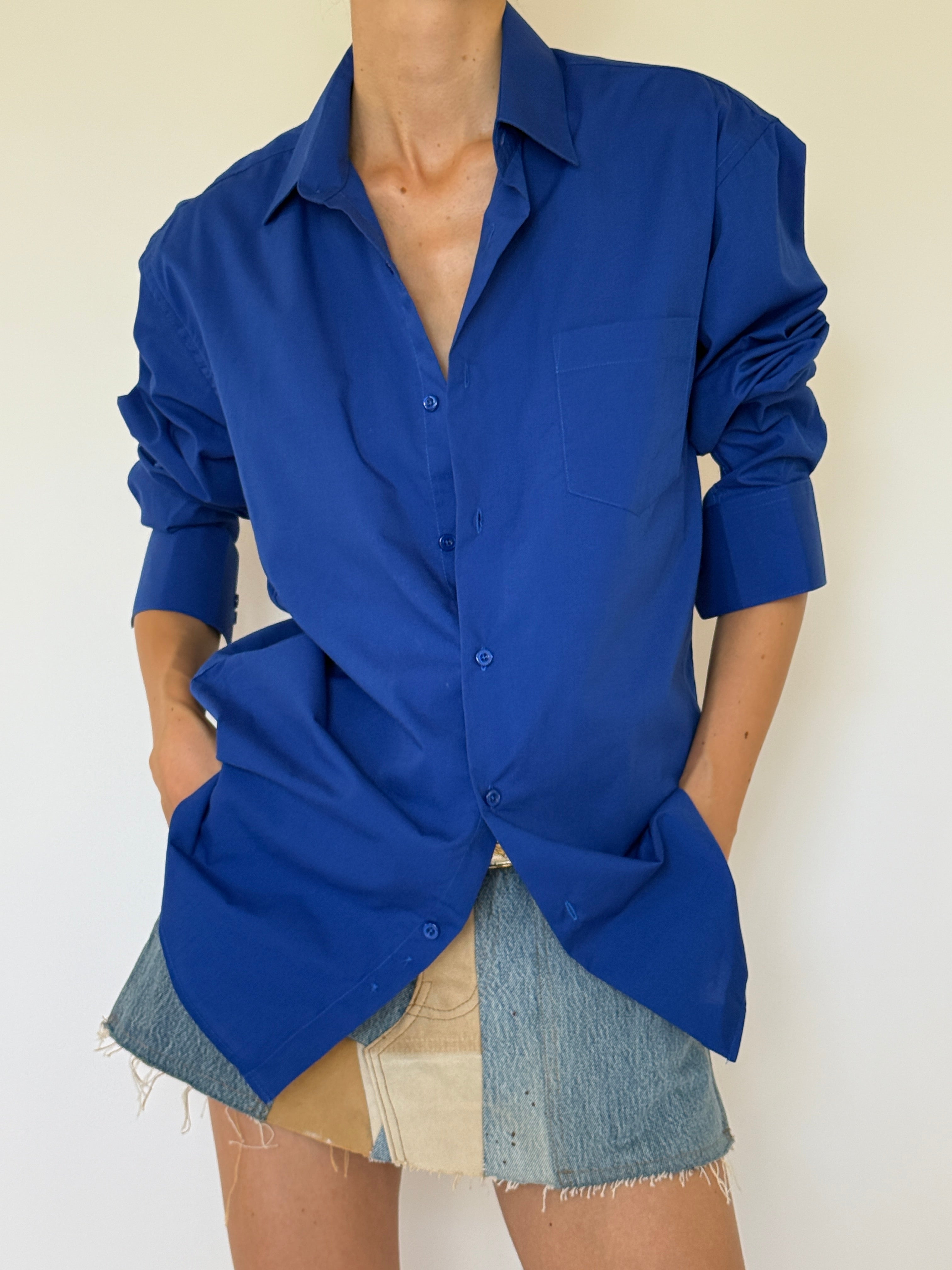 Vintage cobalt blue button-up shirt front view