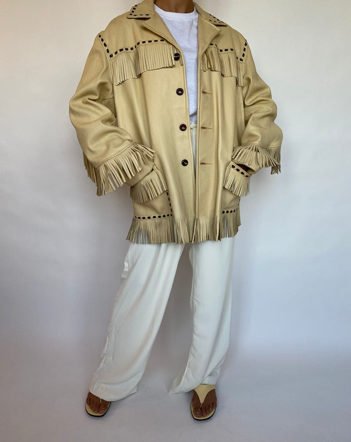 VINTAGE LIGHT BEIGE FRINGE LEATHER JACKET 126