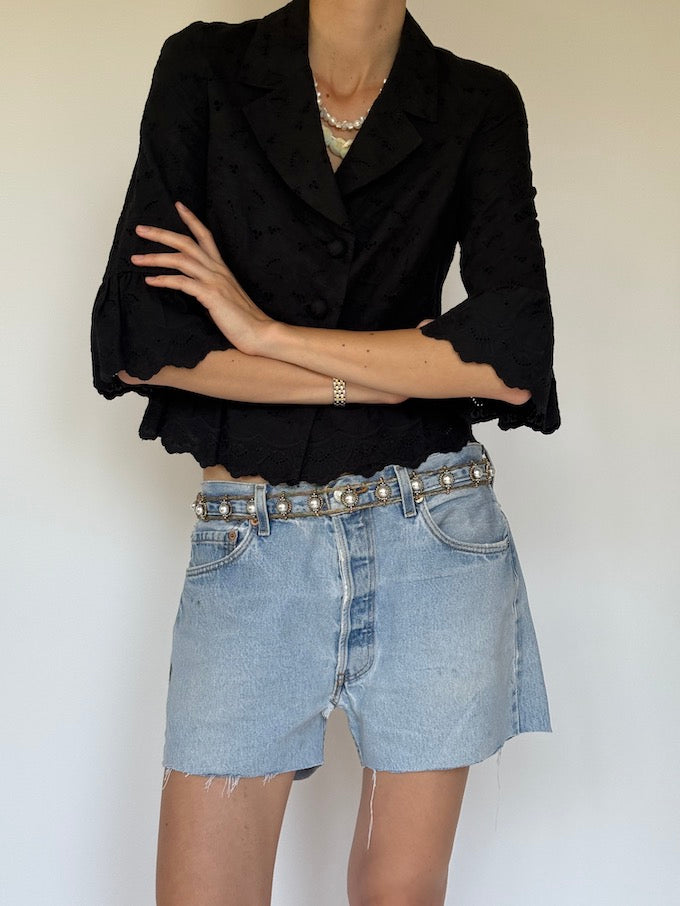 Vintage Broderie Peplum Top Black 6318