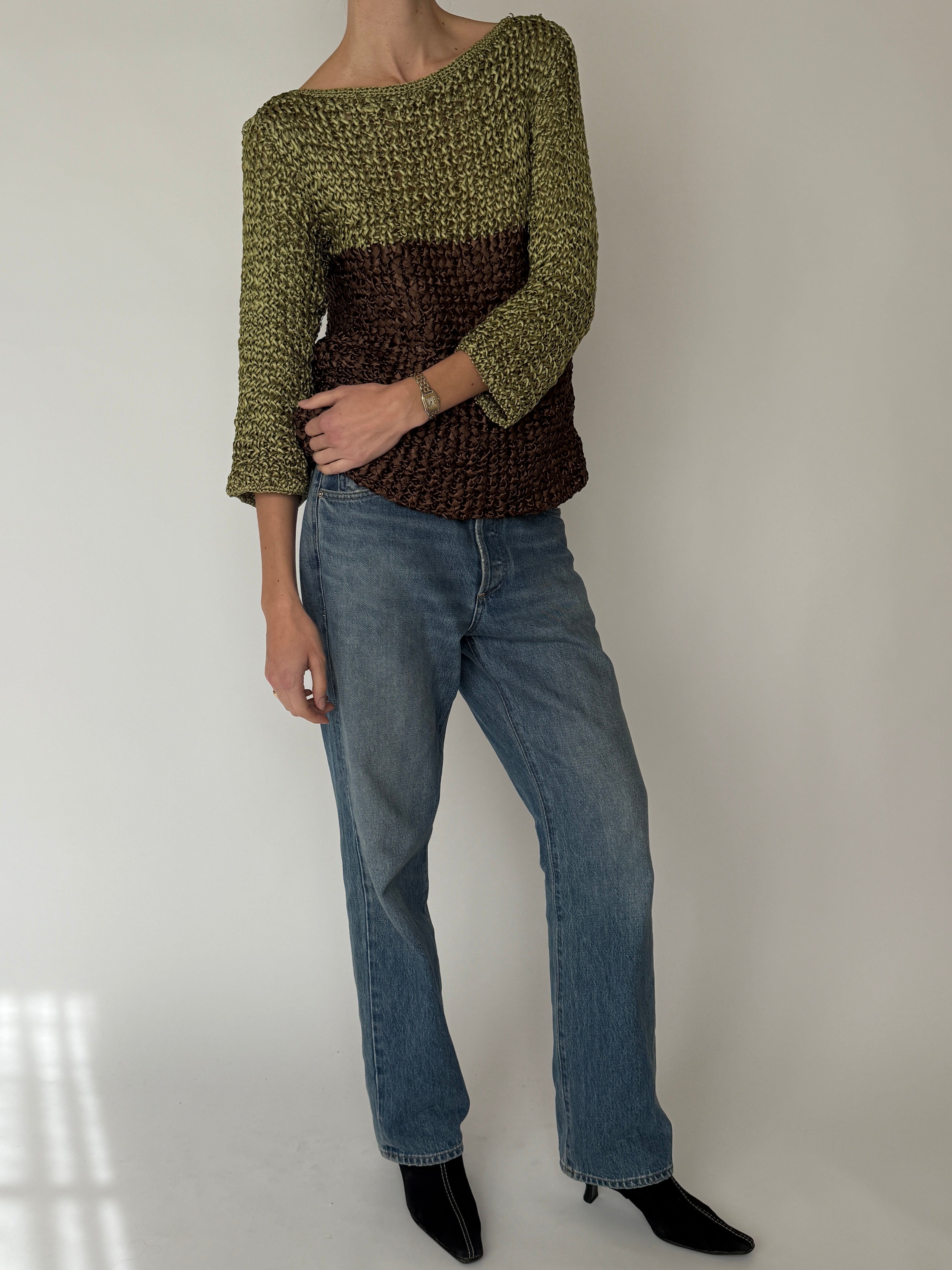 Vintage olive brown ribbon woven textured top front view