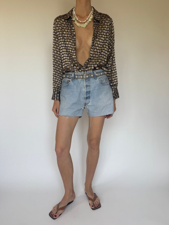 Vintage polka-dot like long-sleeve blouse earthy tones 6321
