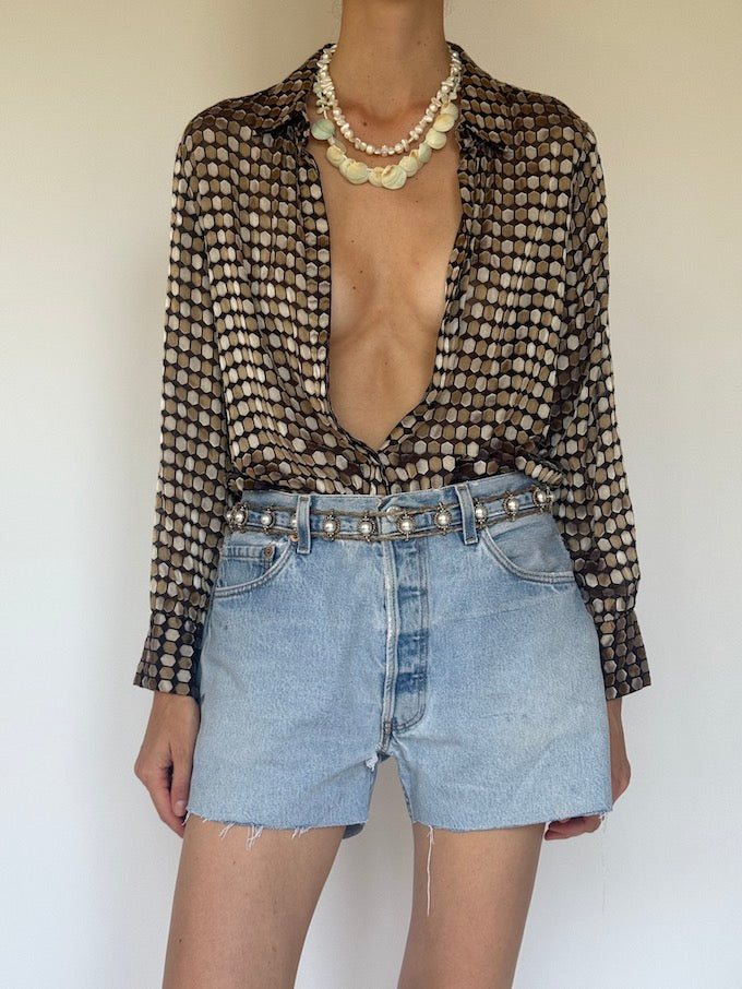 Vintage polka-dot like long-sleeve blouse earthy tones 6321