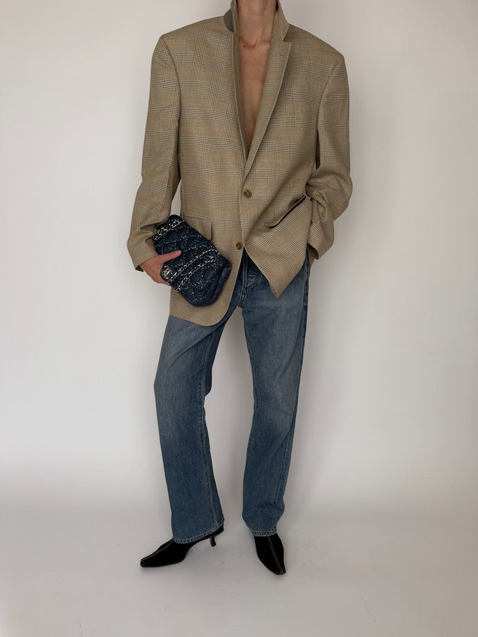 Vintage Checked Wool-Silk-Linen Blazer Beige 6636