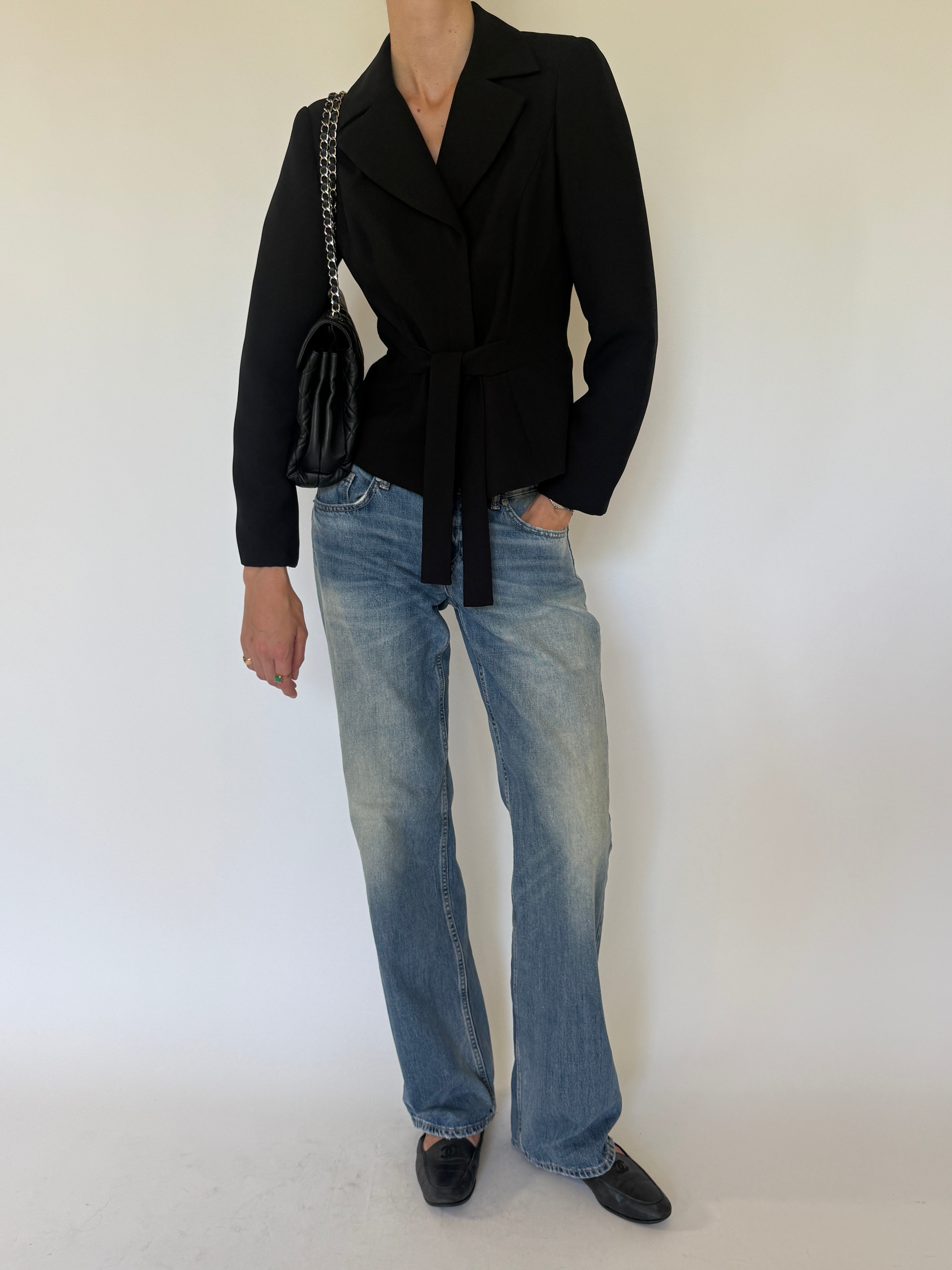 Vintage black belted wrap blazer front view