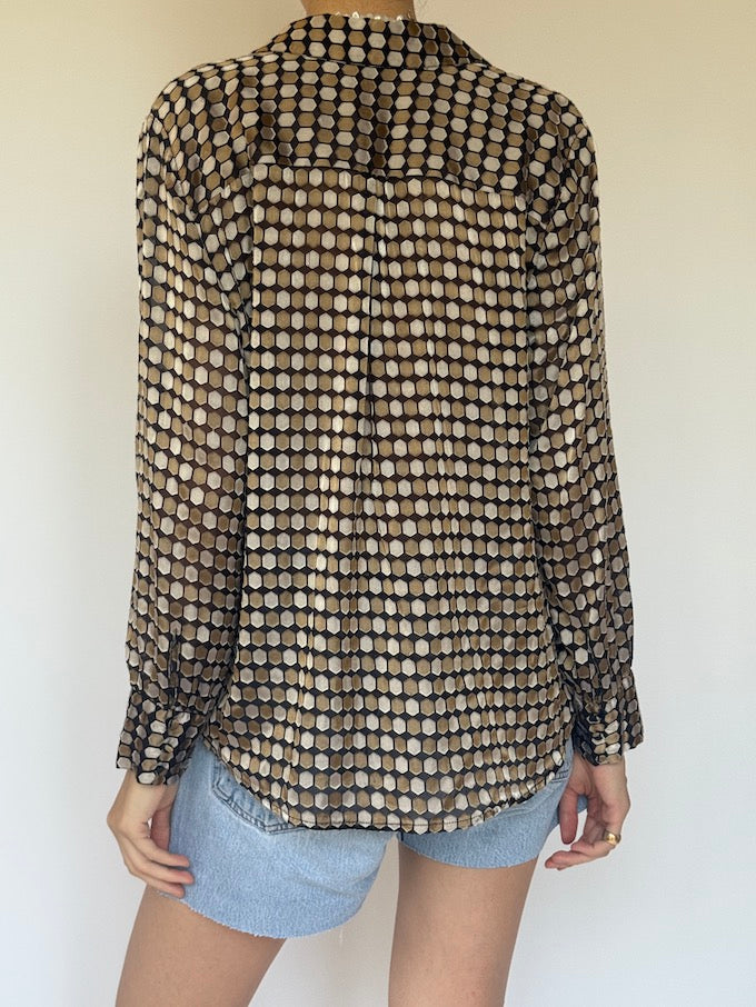 Vintage polka-dot like long-sleeve blouse earthy tones 6321