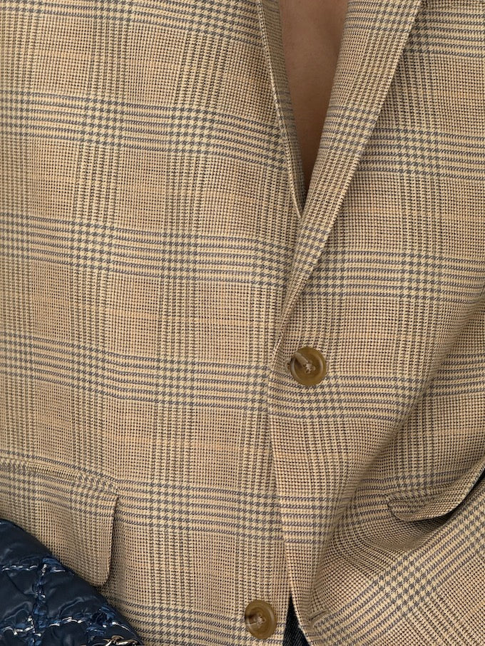 Vintage Checked Wool-Silk-Linen Blazer Beige 6636