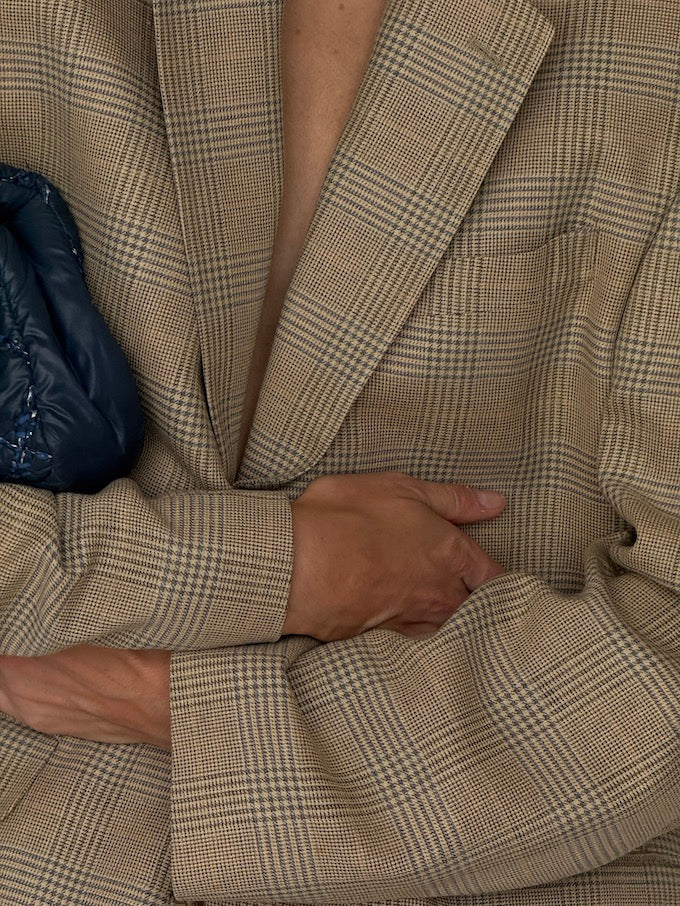 Vintage Checked Wool-Silk-Linen Blazer Beige 6636