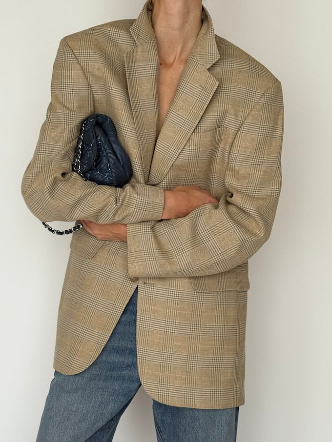 Vintage Checked Wool-Silk-Linen Blazer Beige 6636